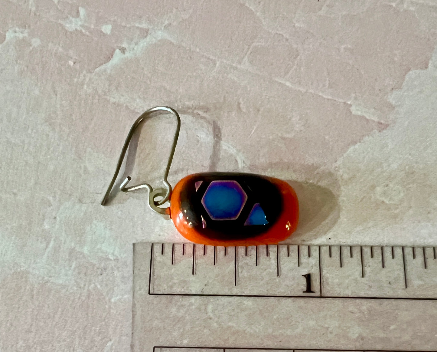 Fused Glass Earrings - Orange with purple dichroic accents on silver kidney ear wires