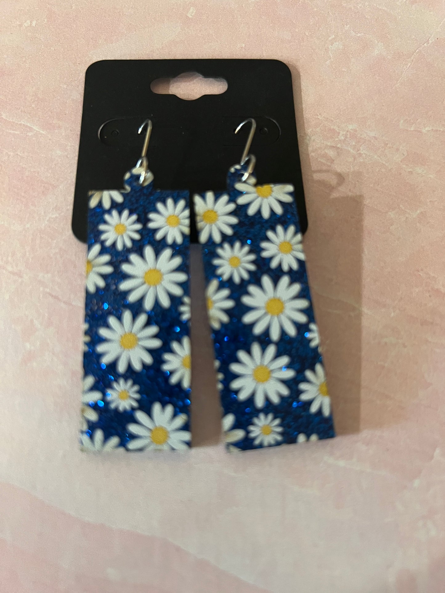 Acrylic Earrings -  White Daisies and Blue Glitter on SS wires - A variety of shapes - see item list and photos for selection