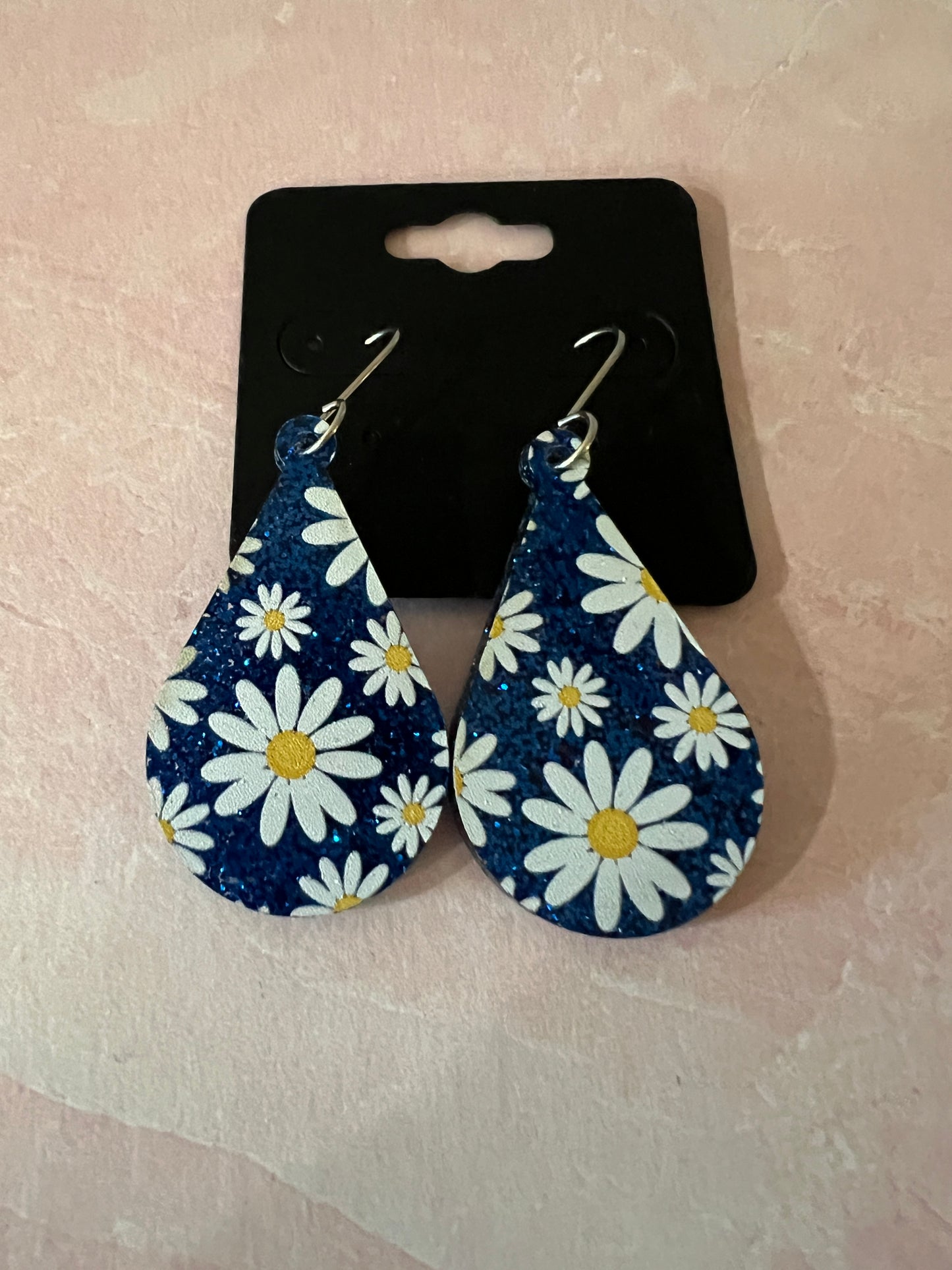 Acrylic Earrings -  White Daisies and Blue Glitter on SS wires - A variety of shapes - see item list and photos for selection