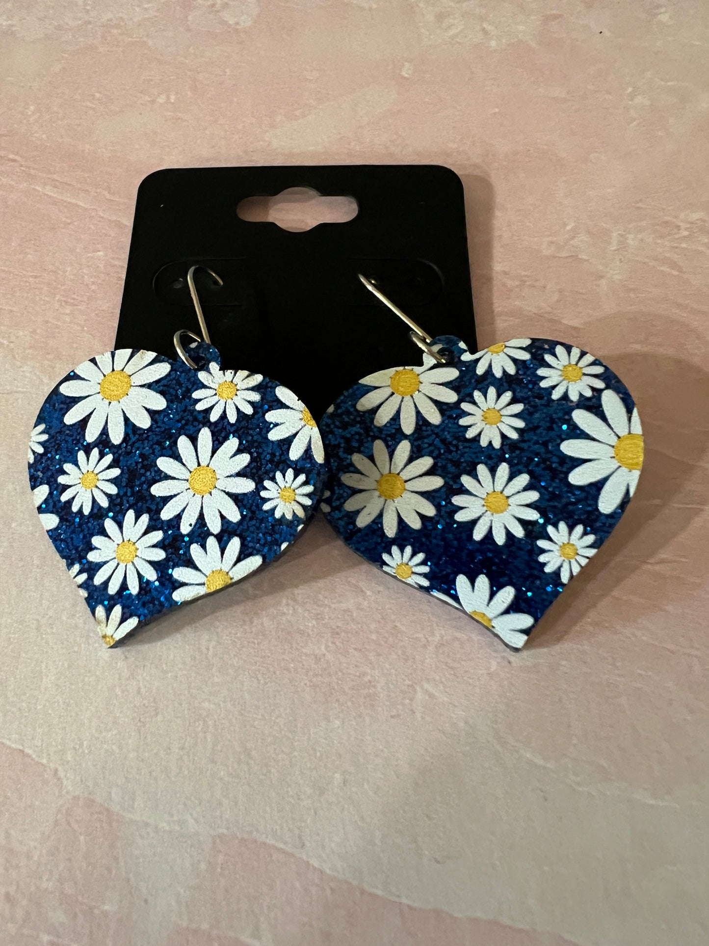 Acrylic Earrings -  White Daisies and Blue Glitter on SS wires - A variety of shapes - see item list and photos for selection