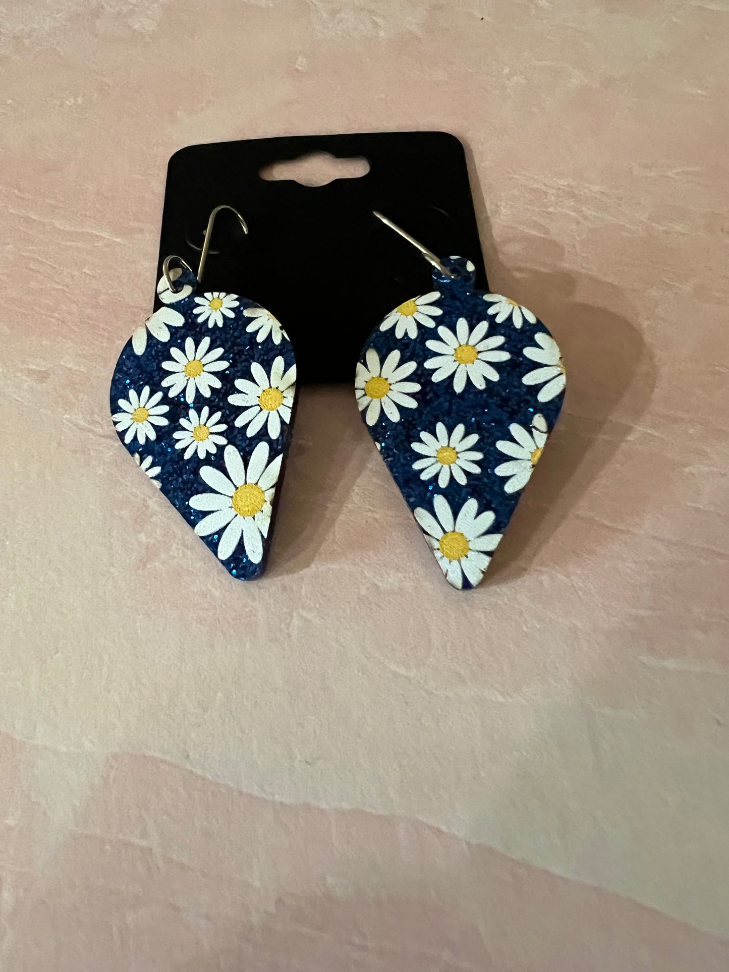 Acrylic Earrings -  White Daisies and Blue Glitter on SS wires - A variety of shapes - see item list and photos for selection