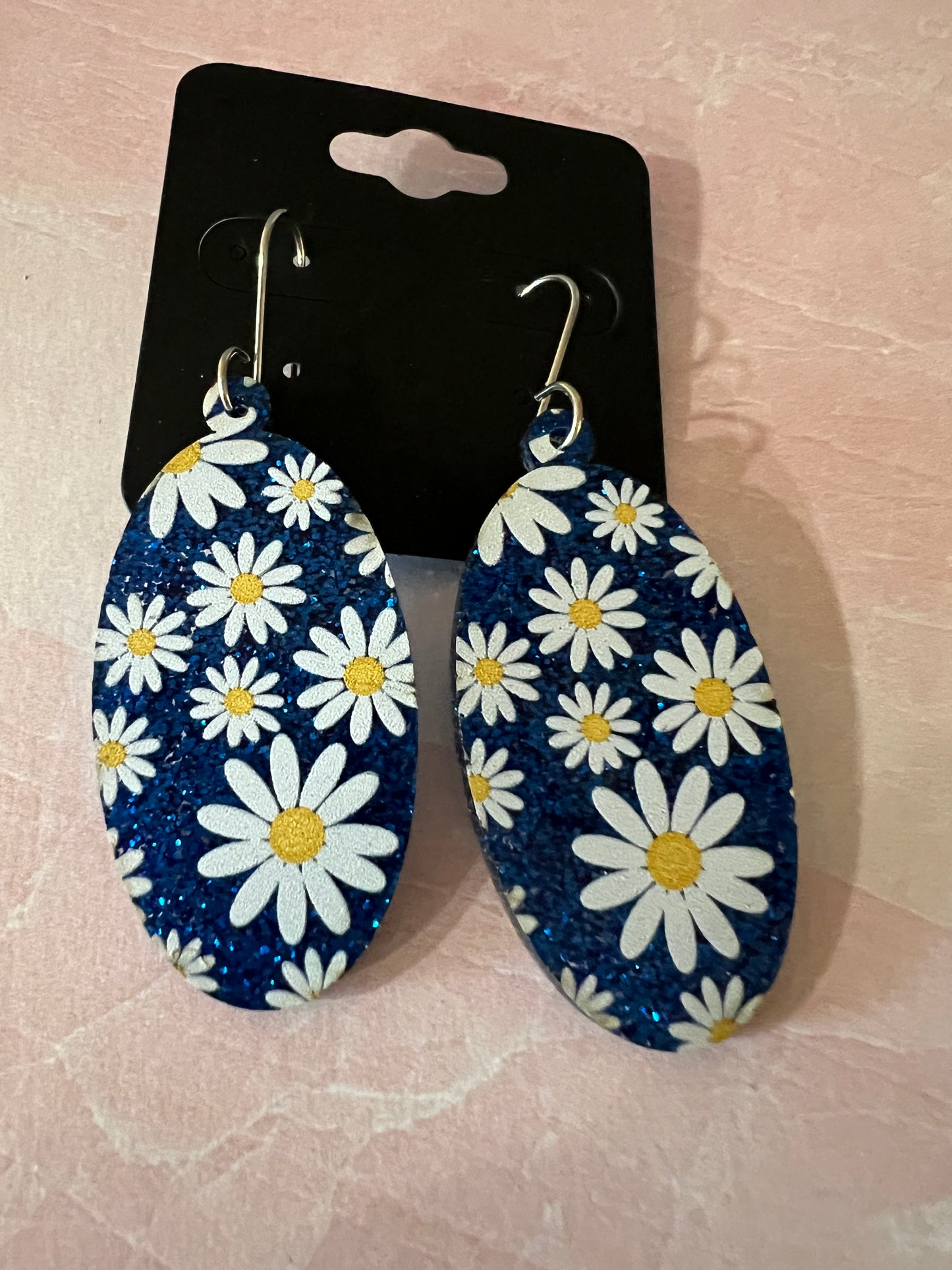 Acrylic Earrings -  White Daisies and Blue Glitter on SS wires - A variety of shapes - see item list and photos for selection