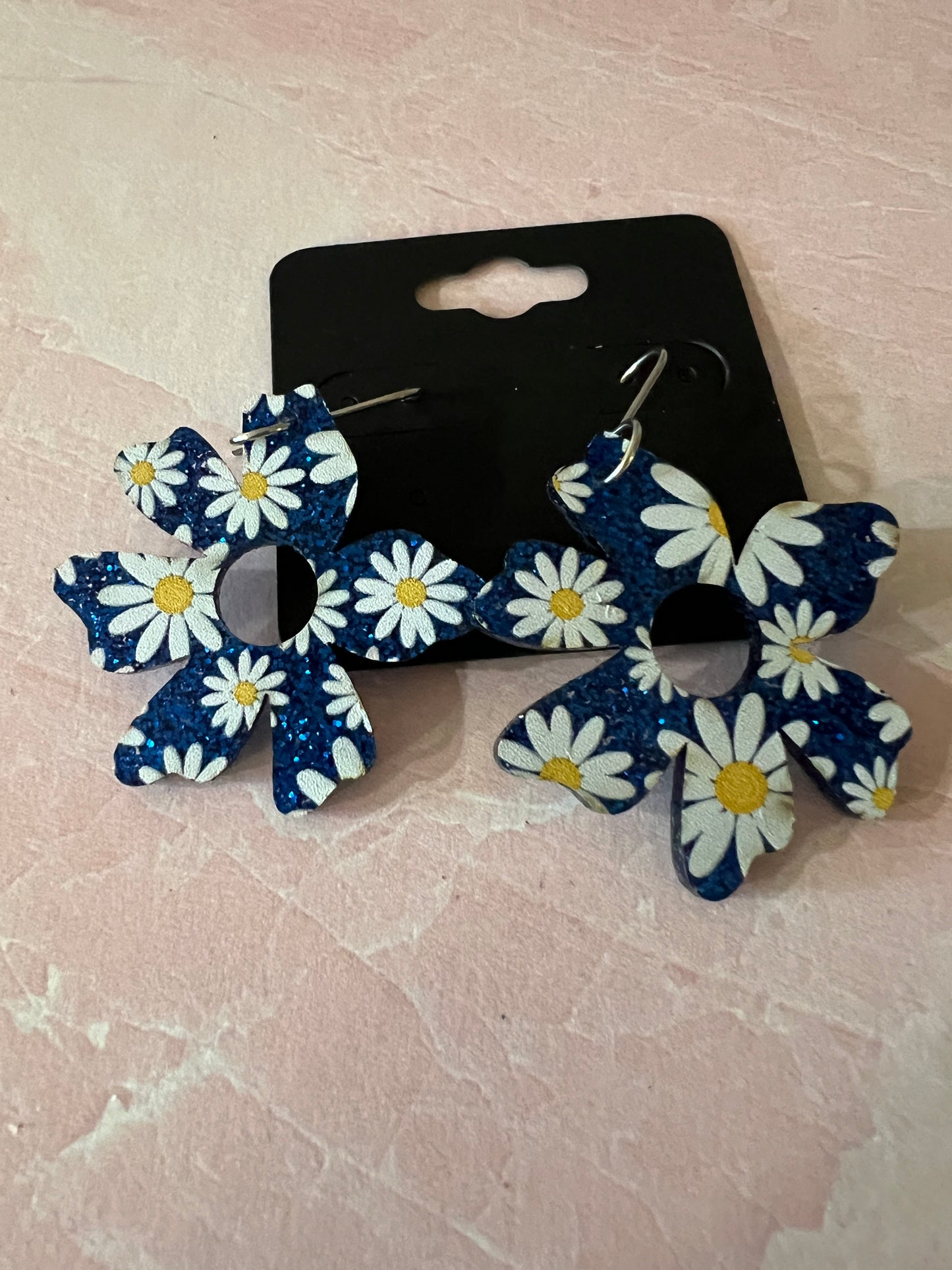 Acrylic Earrings -  White Daisies and Blue Glitter on SS wires - A variety of shapes - see item list and photos for selection