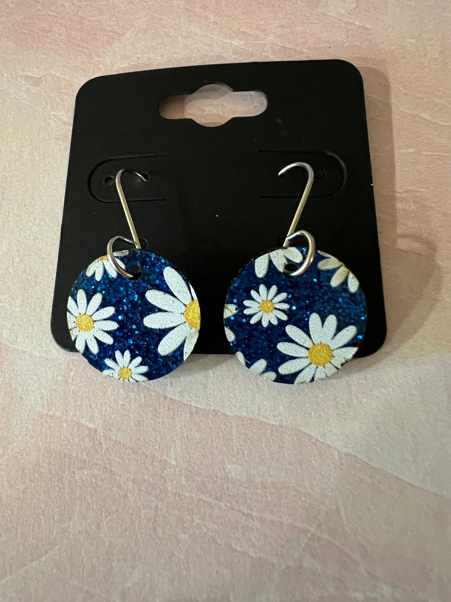 Acrylic Earrings -  White Daisies and Blue Glitter on SS wires - A variety of shapes - see item list and photos for selection