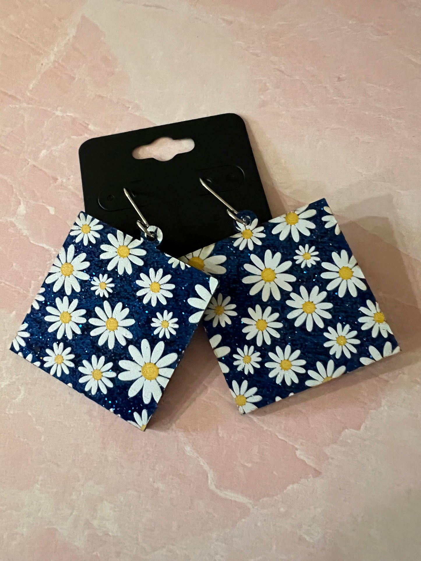 Acrylic Earrings -  White Daisies and Blue Glitter on SS wires - A variety of shapes - see item list and photos for selection