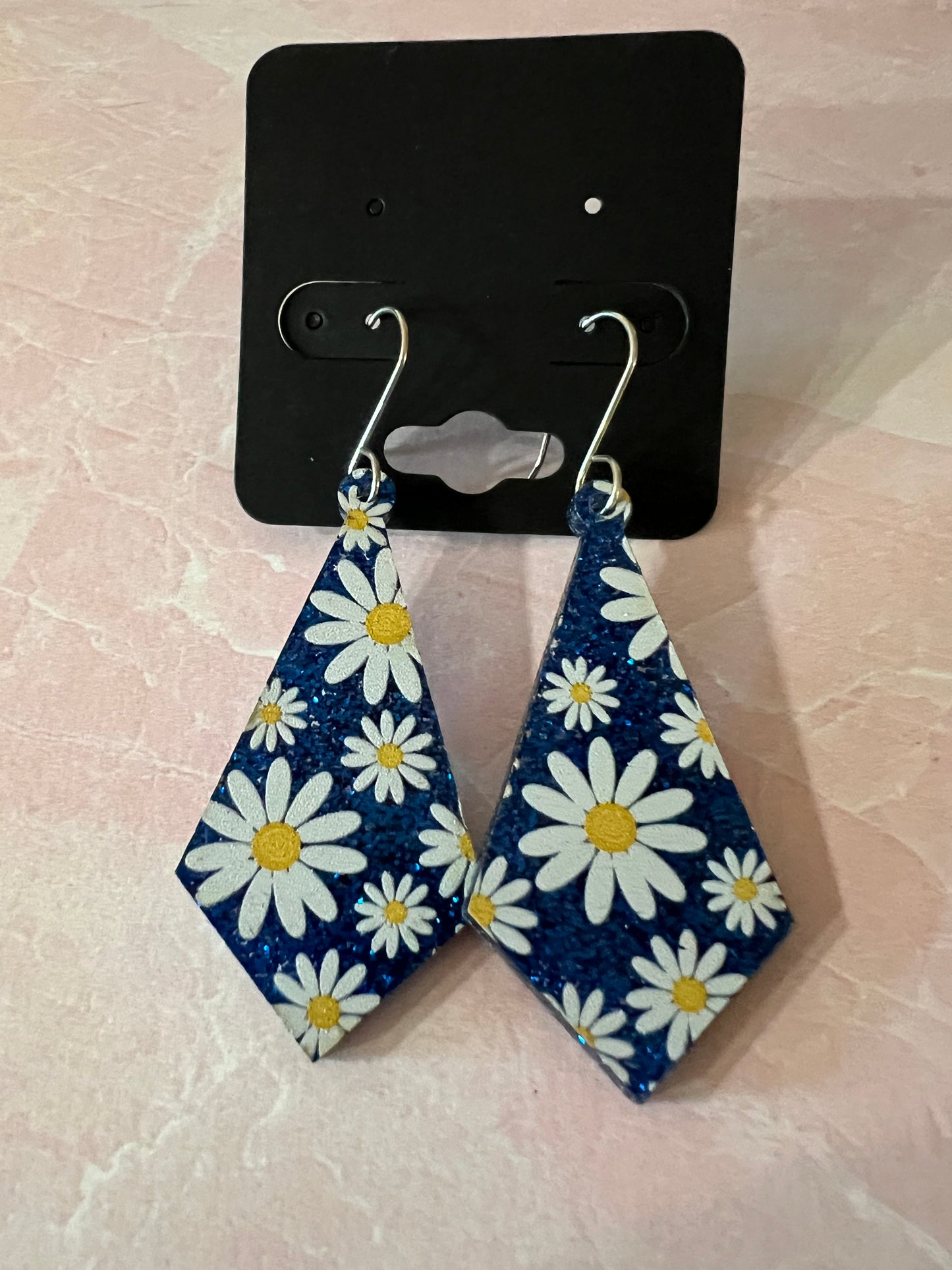 Acrylic Earrings -  White Daisies and Blue Glitter on SS wires - A variety of shapes - see item list and photos for selection