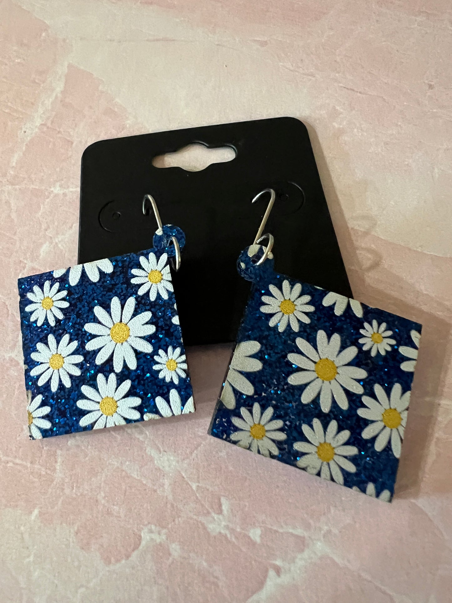 Acrylic Earrings -  White Daisies and Blue Glitter on SS wires - A variety of shapes - see item list and photos for selection