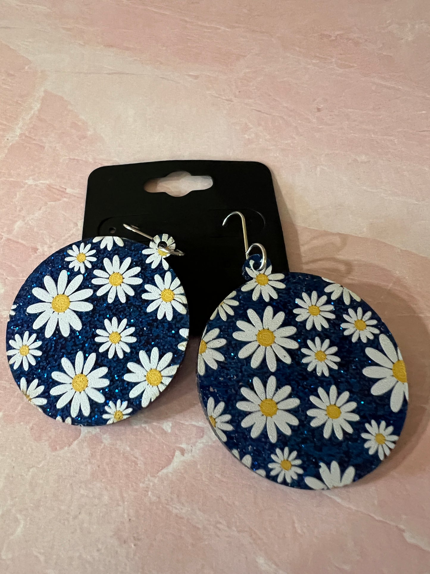 Acrylic Earrings -  White Daisies and Blue Glitter on SS wires - A variety of shapes - see item list and photos for selection