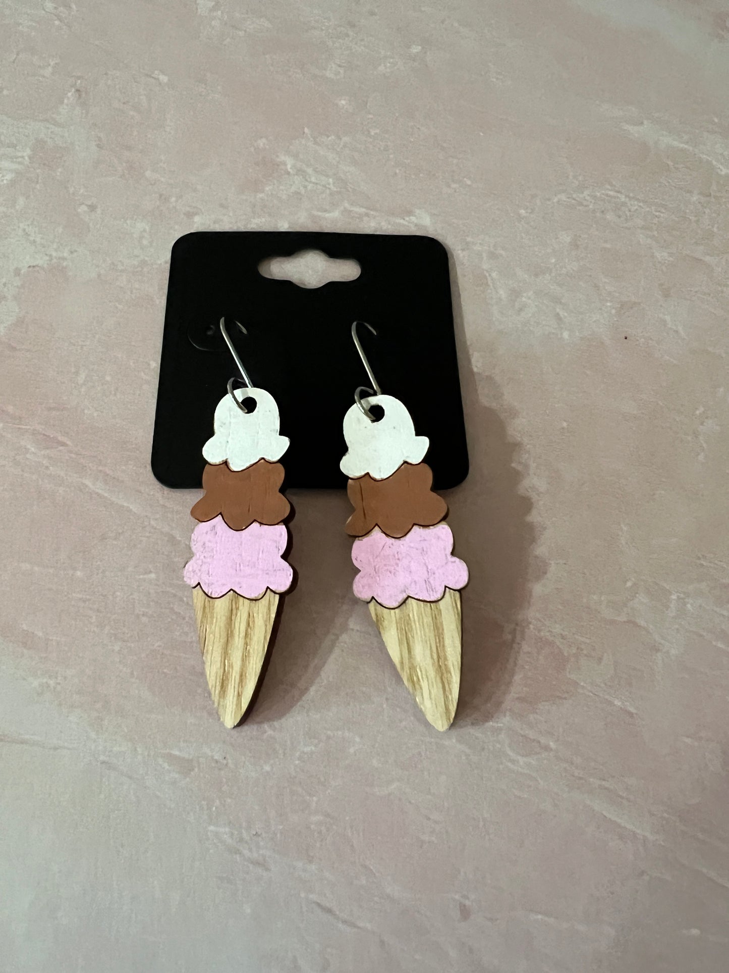 Wood Laser Print Earrings - hand painted ice cream cone