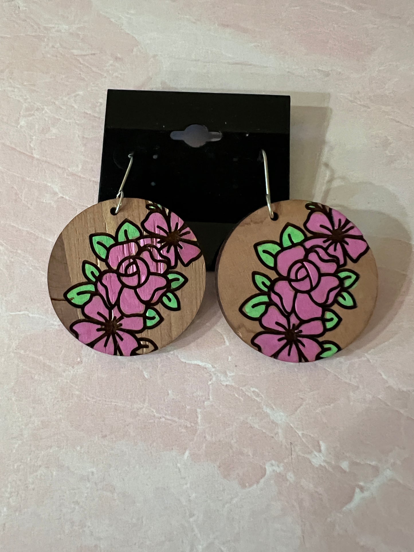 Wood Laser Print Earrings - hand painted floral