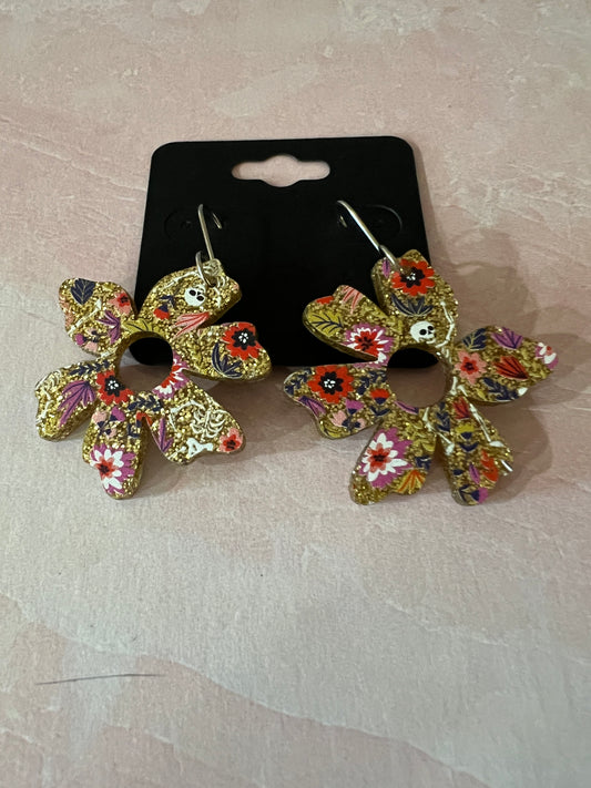 Acrylic Earrings - Gold glitter with flowers and occasional tiny skeleton on SS wires - A variety of shapes - see photos for selection