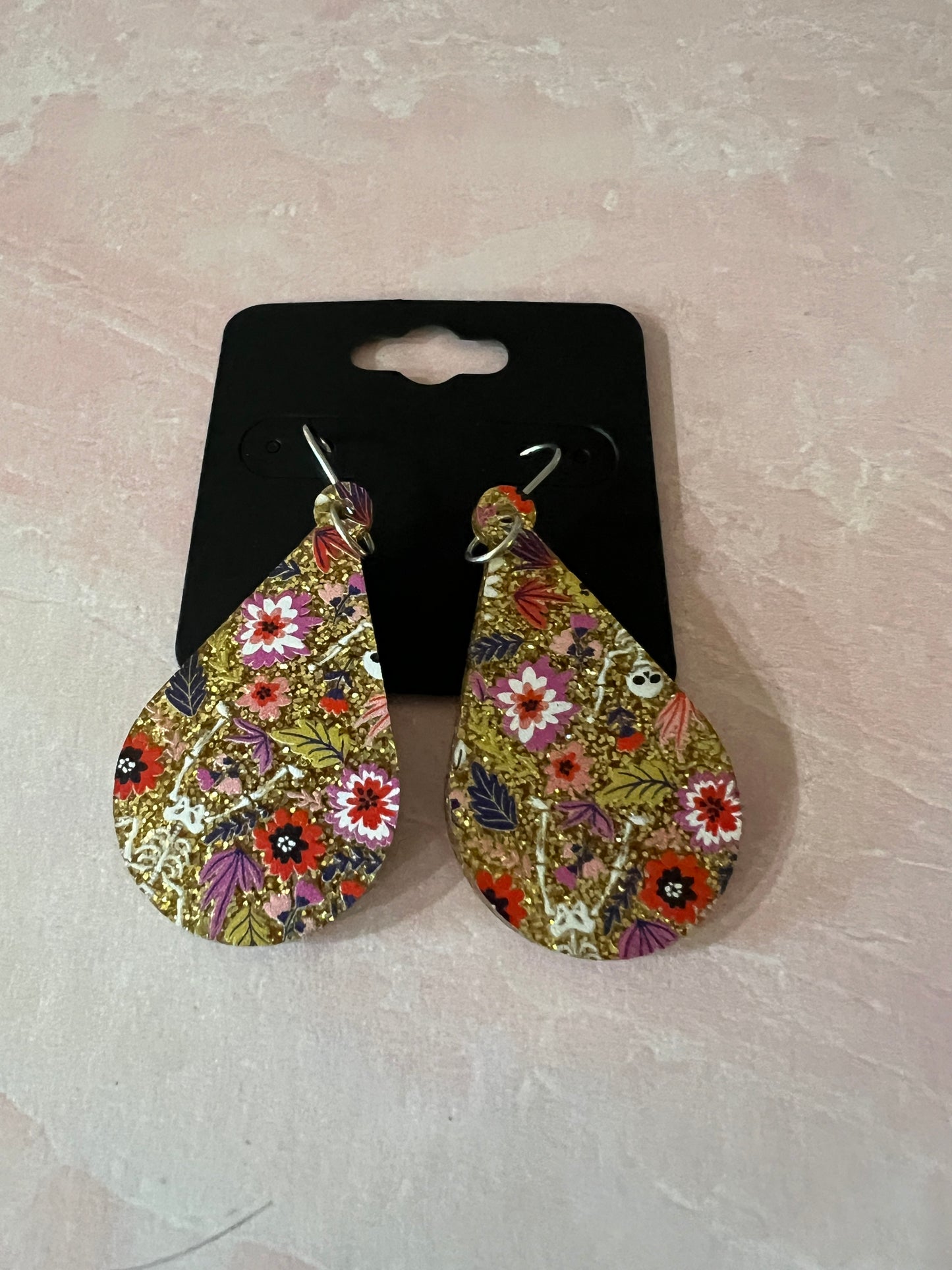 Acrylic Earrings - Gold glitter with flowers and occasional tiny skeleton on SS wires - A variety of shapes - see photos for selection