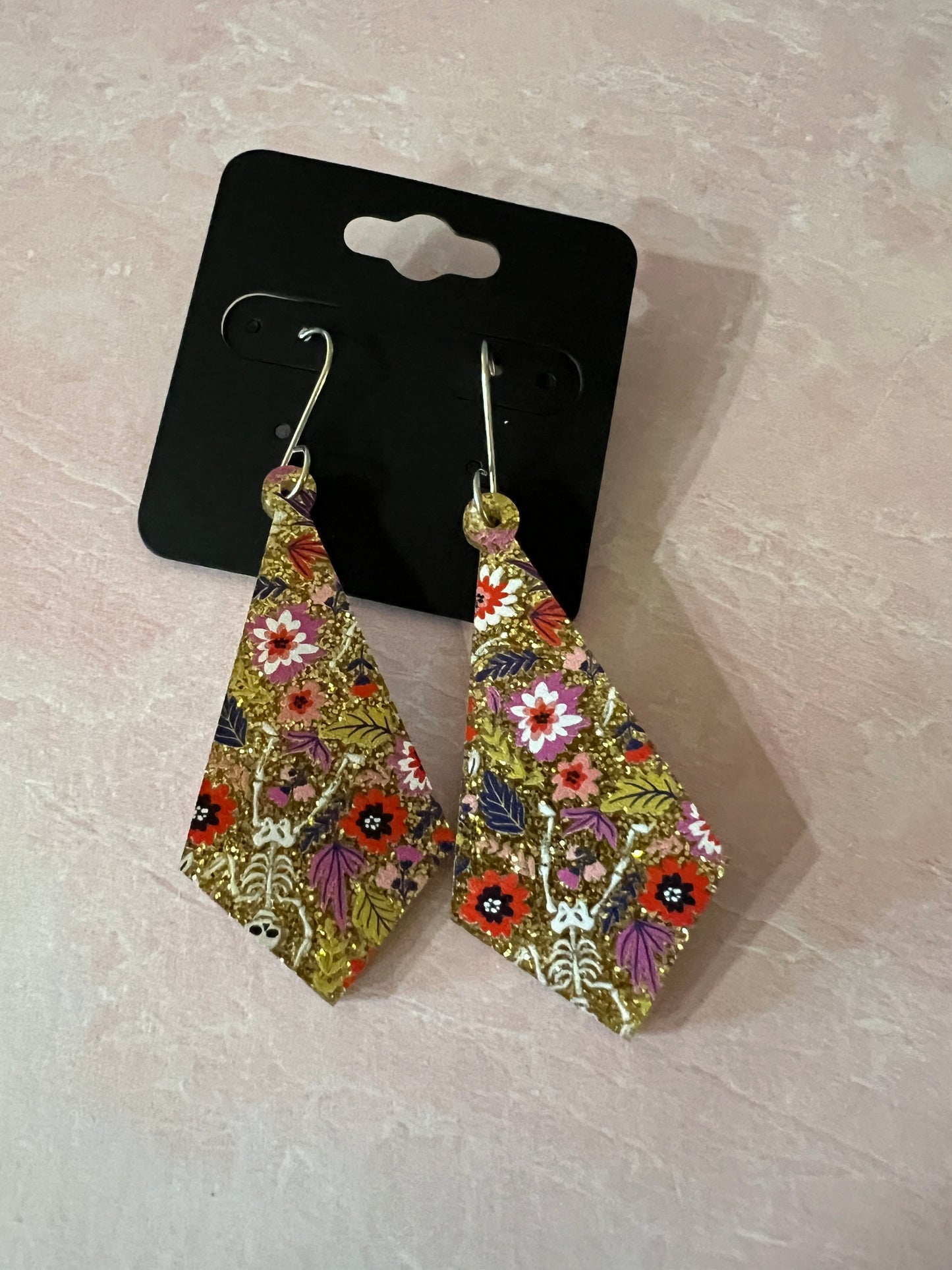 Acrylic Earrings - Gold glitter with flowers and occasional tiny skeleton on SS wires - A variety of shapes - see photos for selection