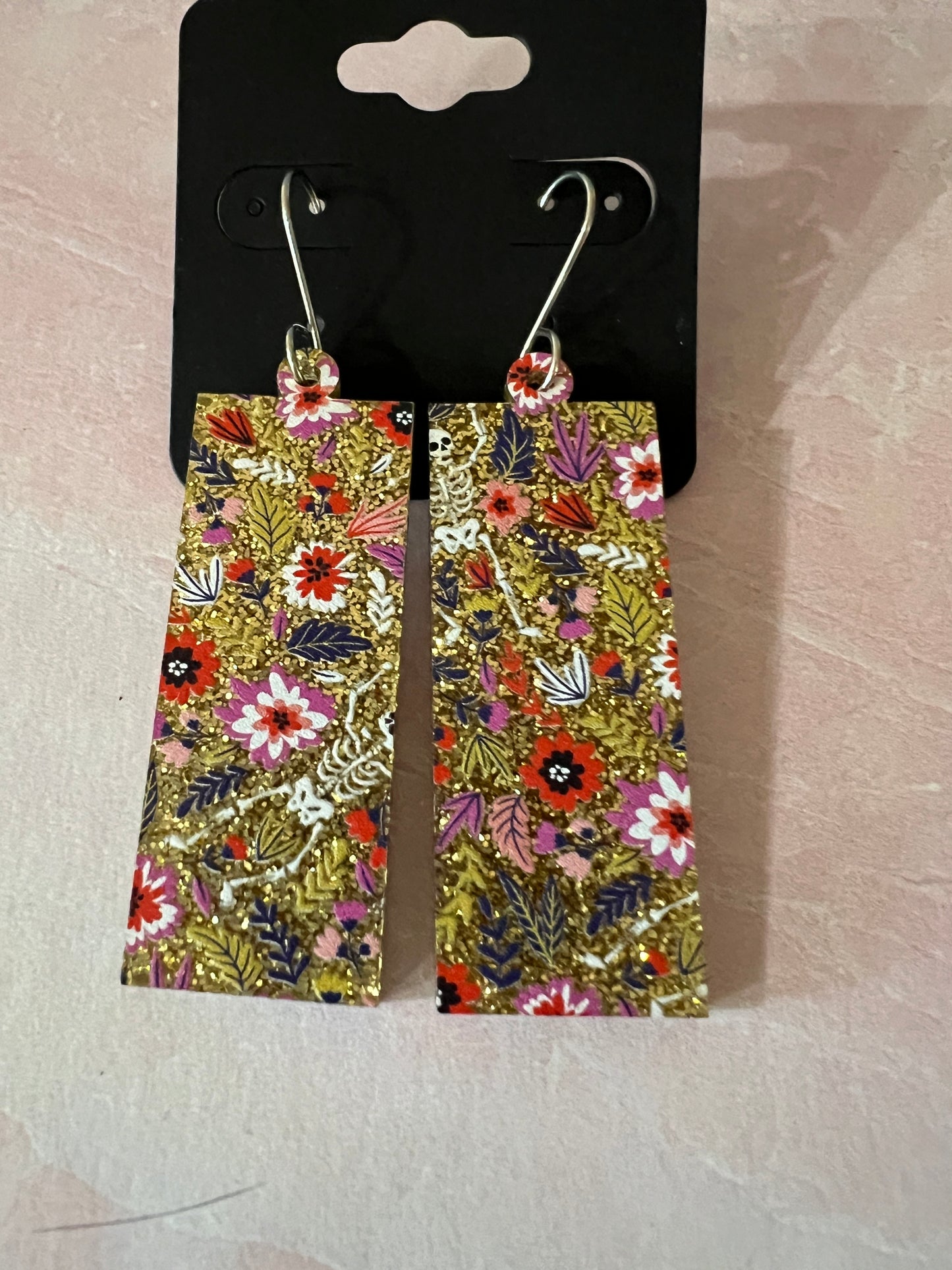 Acrylic Earrings - Gold glitter with flowers and occasional tiny skeleton on SS wires - A variety of shapes - see photos for selection