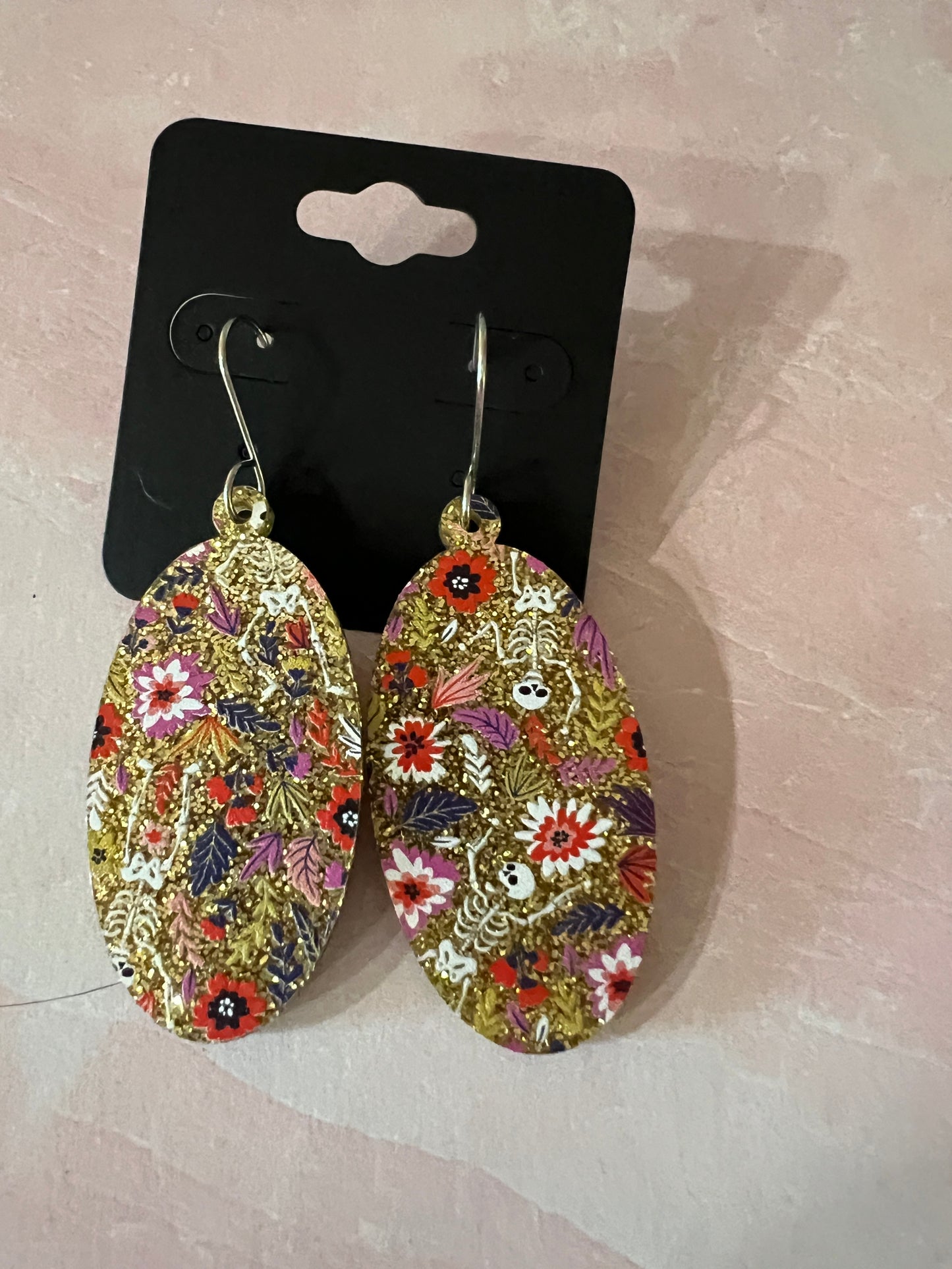 Acrylic Earrings - Gold glitter with flowers and occasional tiny skeleton on SS wires - A variety of shapes - see photos for selection