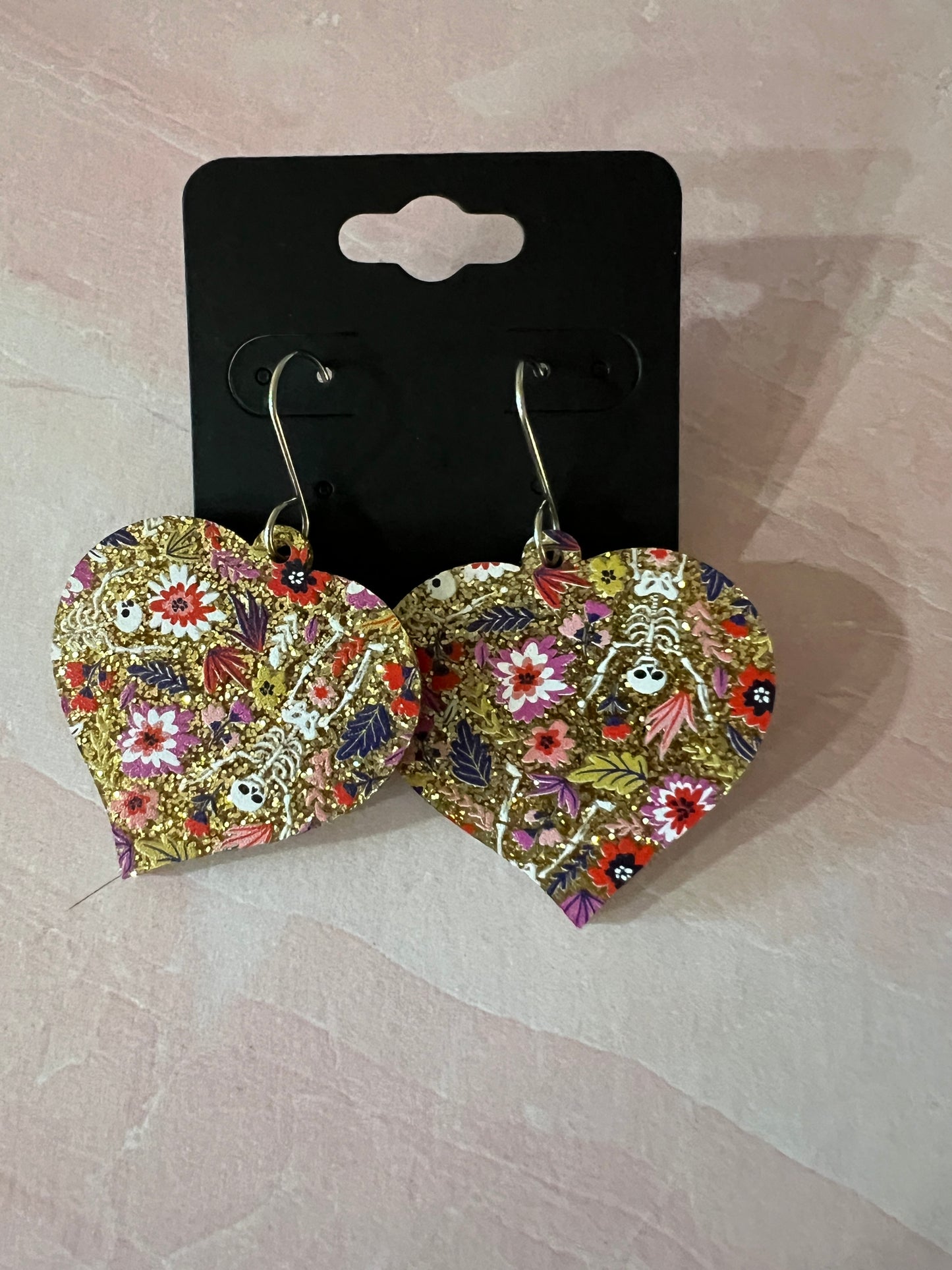 Acrylic Earrings - Gold glitter with flowers and occasional tiny skeleton on SS wires - A variety of shapes - see photos for selection