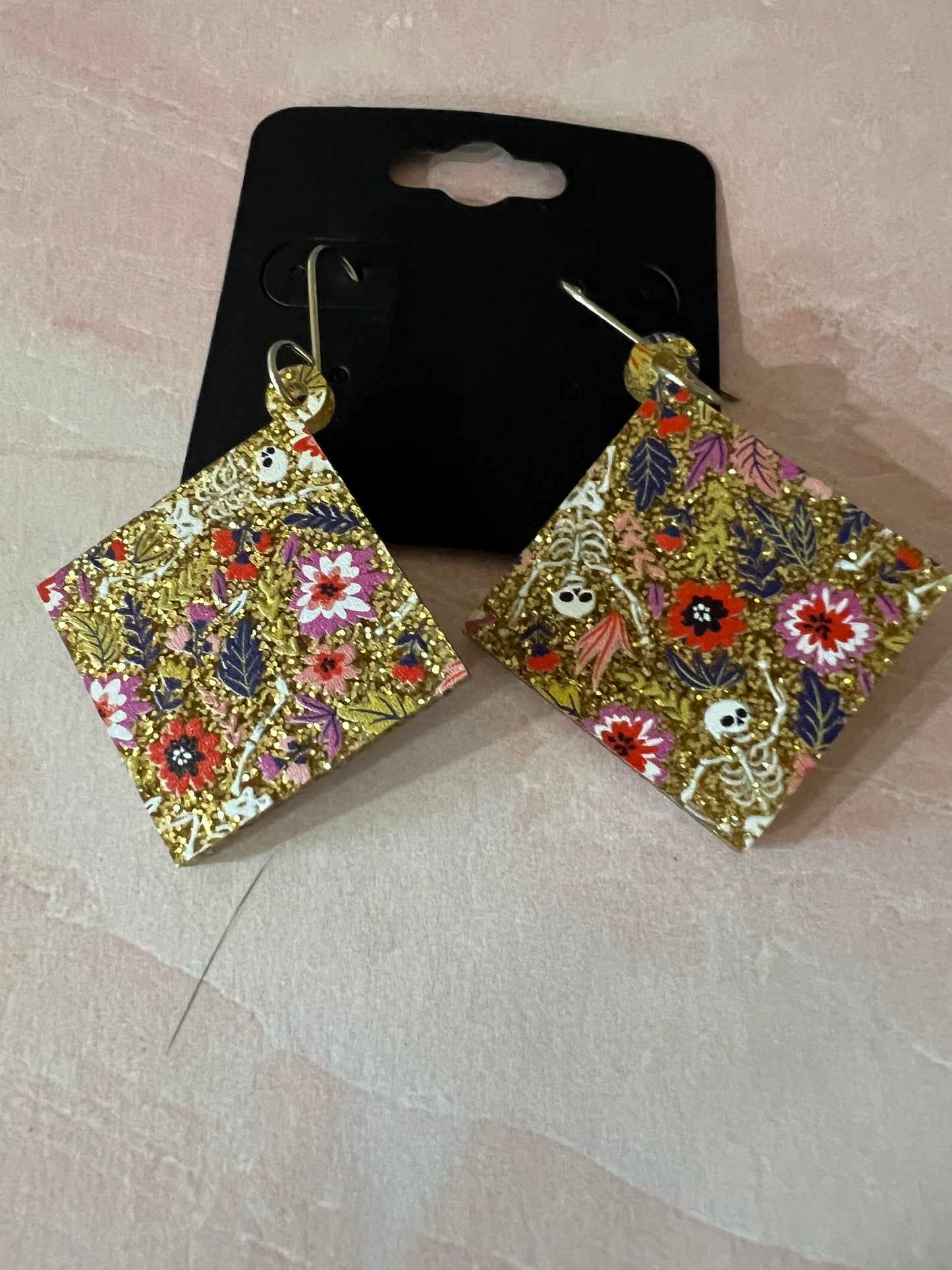 Acrylic Earrings - Gold glitter with flowers and occasional tiny skeleton on SS wires - A variety of shapes - see photos for selection