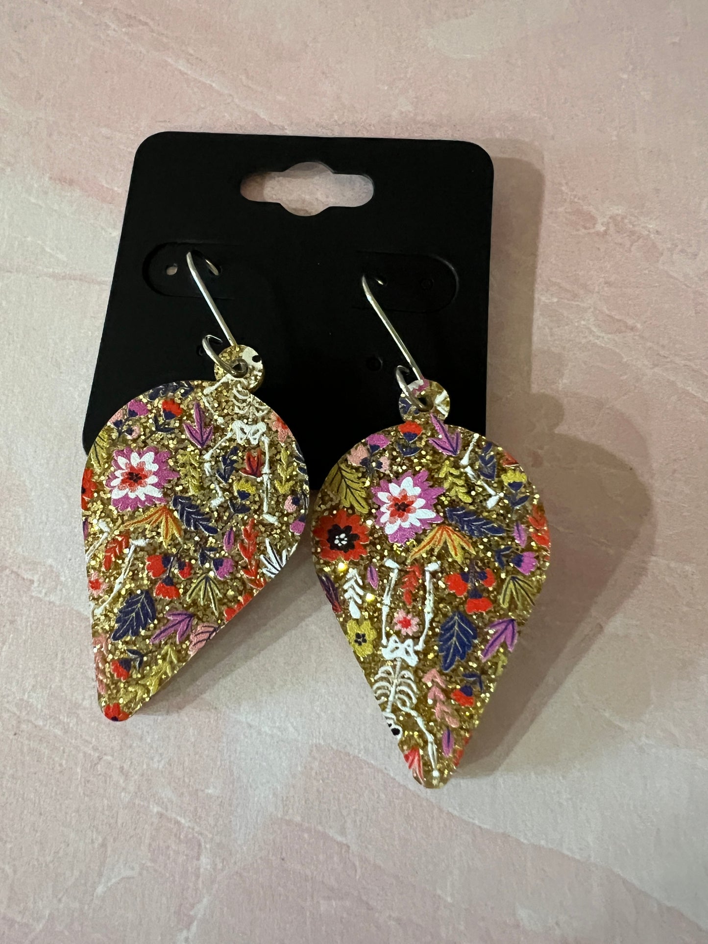 Acrylic Earrings - Gold glitter with flowers and occasional tiny skeleton on SS wires - A variety of shapes - see photos for selection