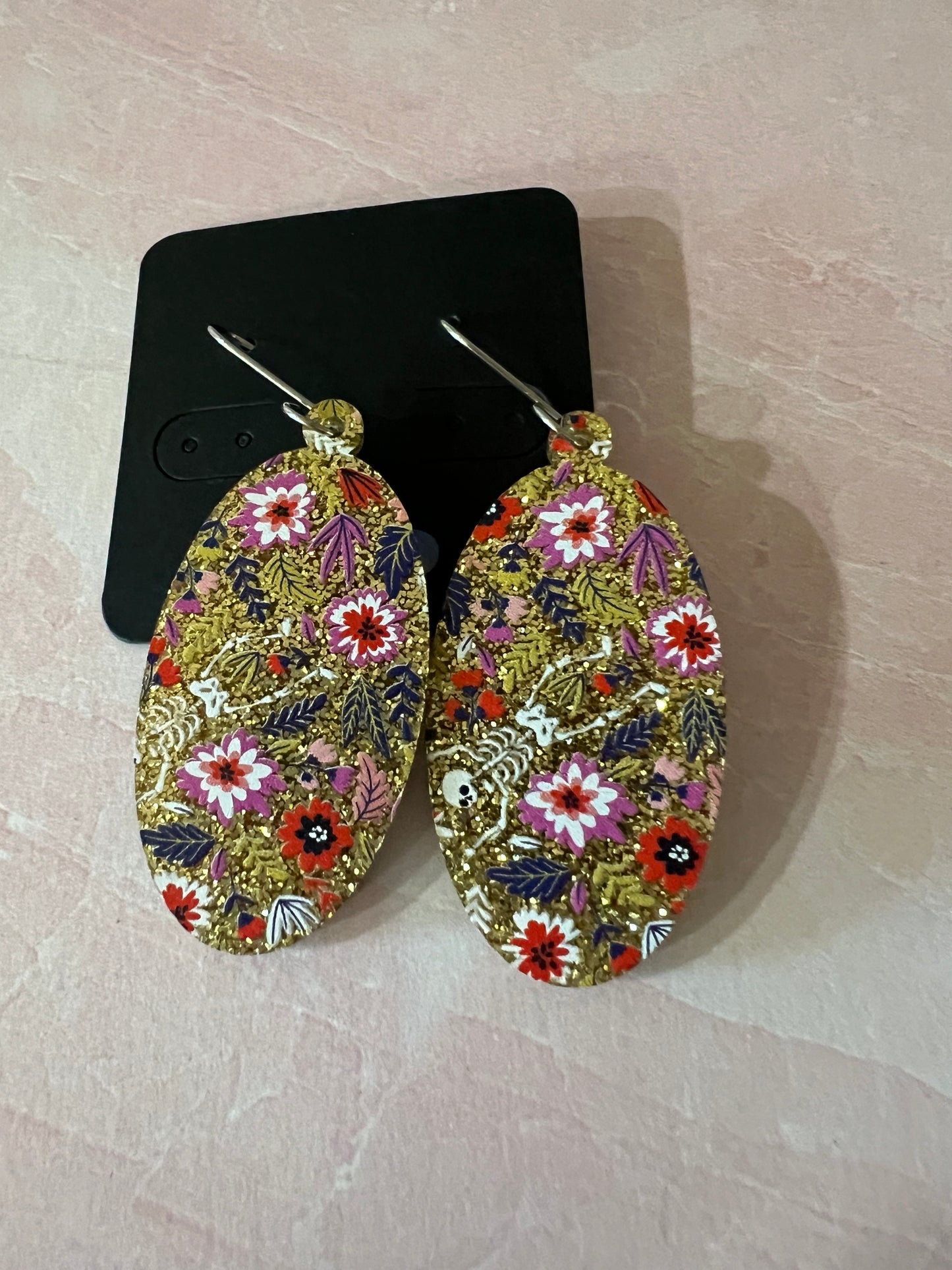 Acrylic Earrings - Gold glitter with flowers and occasional tiny skeleton on SS wires - A variety of shapes - see photos for selection