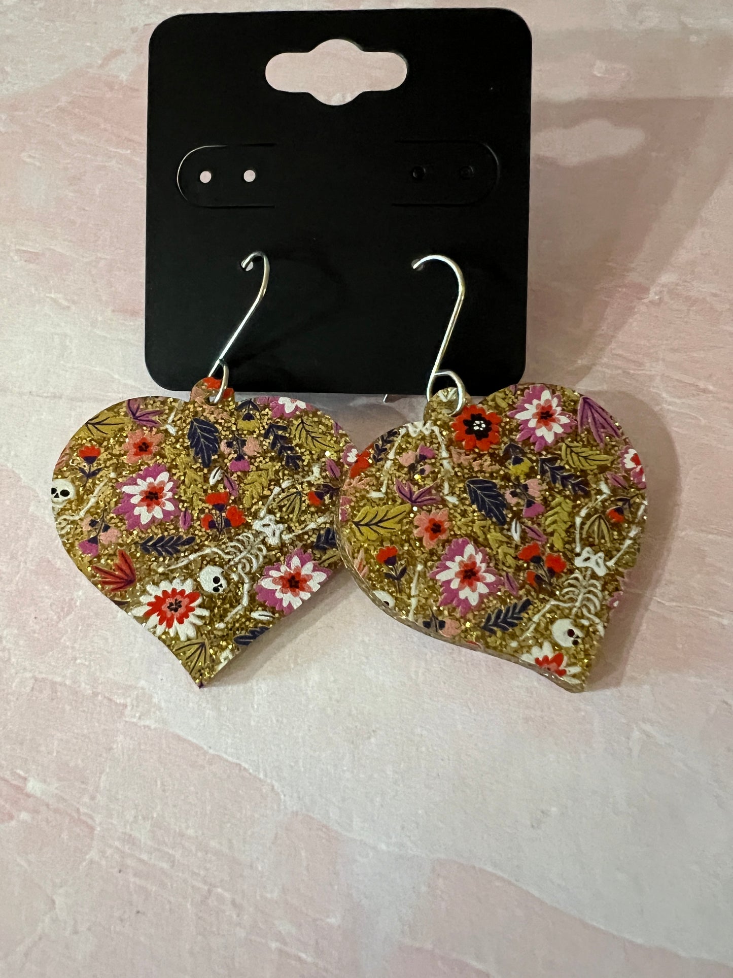 Acrylic Earrings - Gold glitter with flowers and occasional tiny skeleton on SS wires - A variety of shapes - see photos for selection