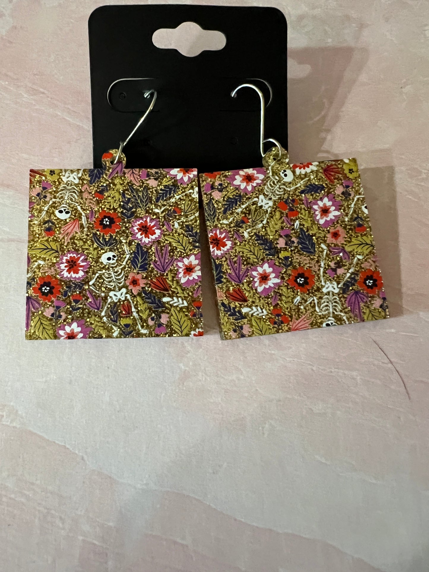 Acrylic Earrings - Gold glitter with flowers and occasional tiny skeleton on SS wires - A variety of shapes - see photos for selection