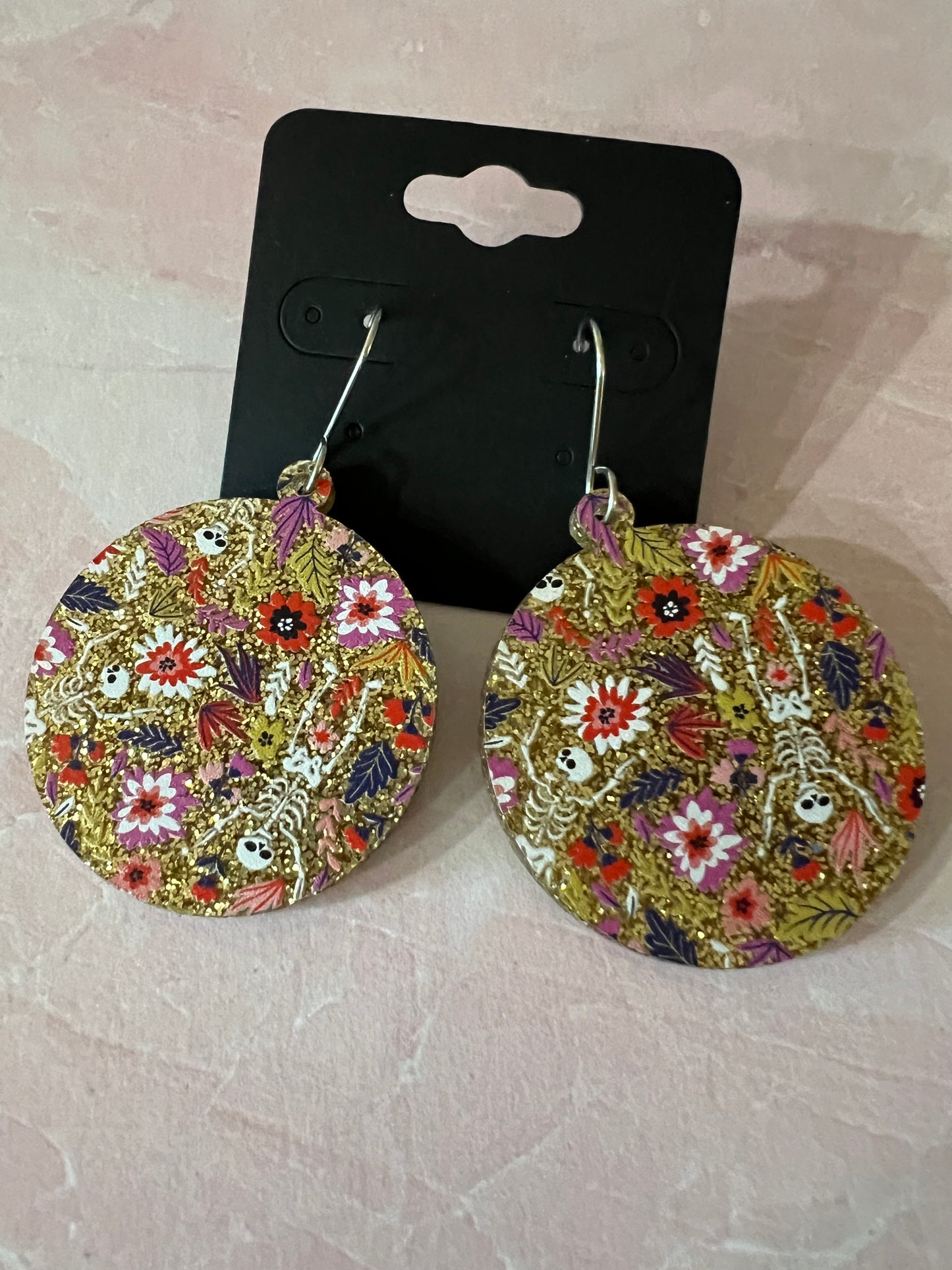 Acrylic Earrings - Gold glitter with flowers and occasional tiny skeleton on SS wires - A variety of shapes - see photos for selection