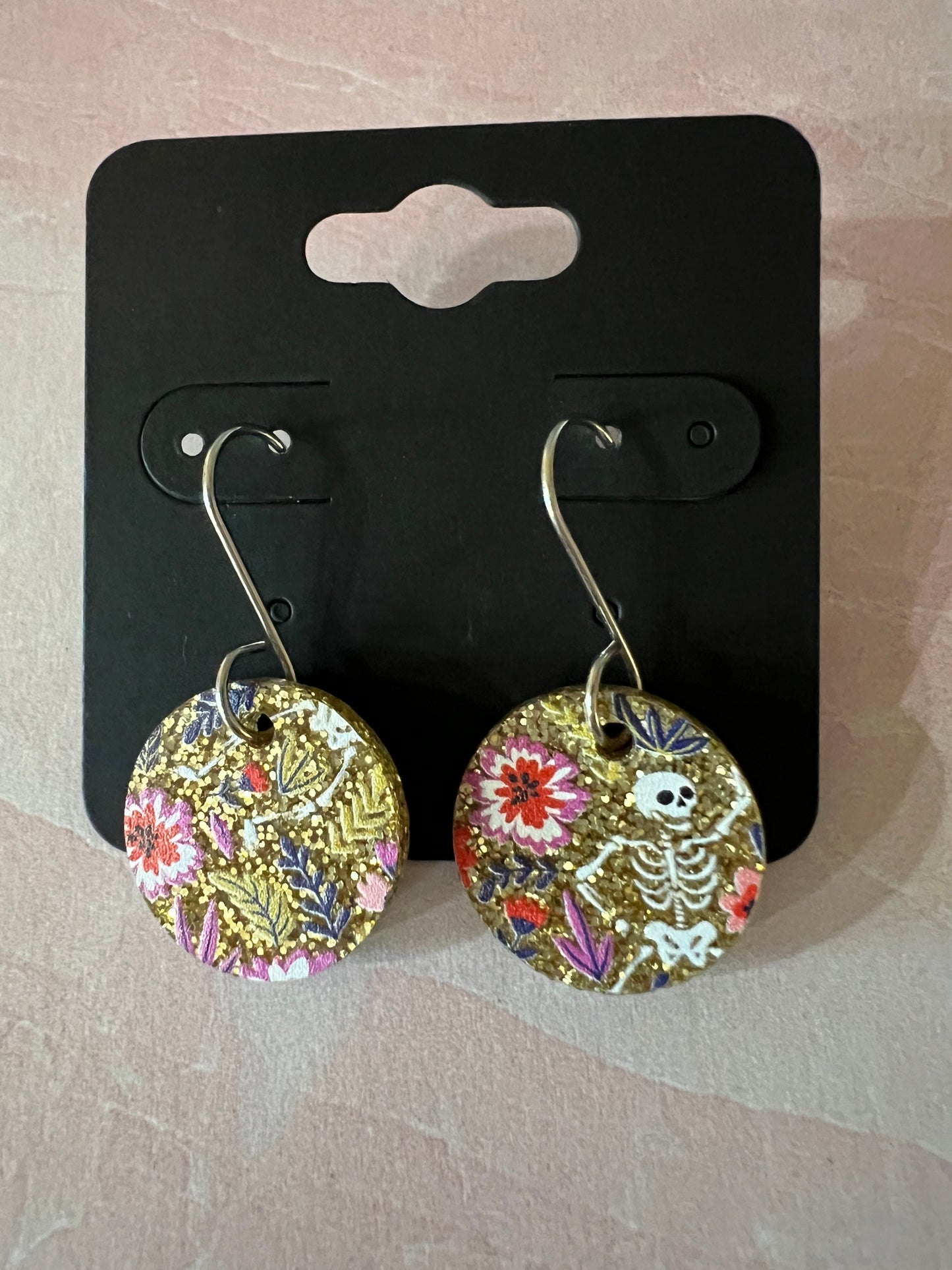 Acrylic Earrings - Gold glitter with flowers and occasional tiny skeleton on SS wires - A variety of shapes - see photos for selection