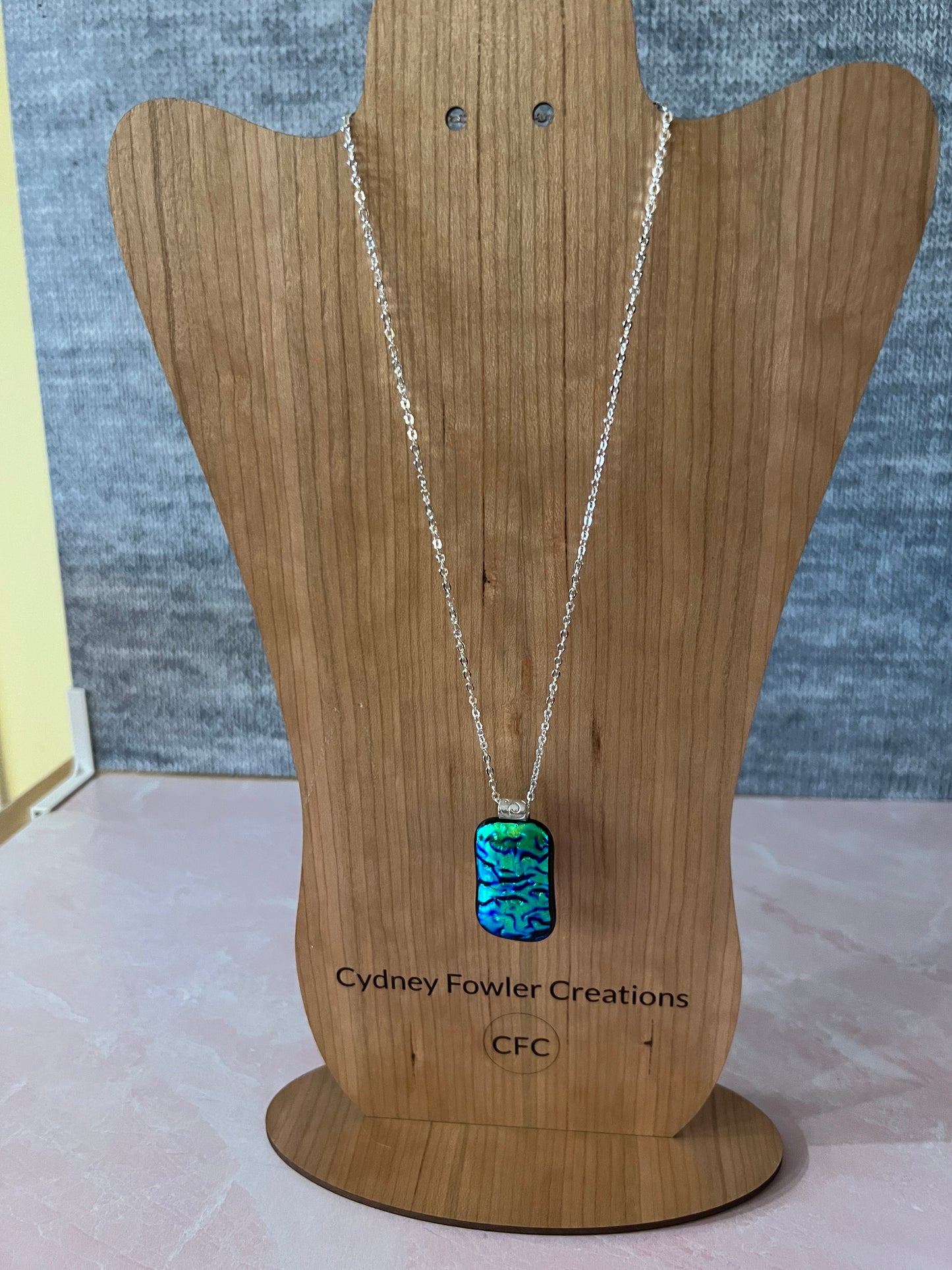 Fused Glass Pendant - blue green dichroic on silver tone bail and chain