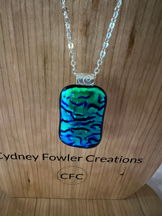 Fused Glass Pendant - blue green dichroic on silver tone bail and chain