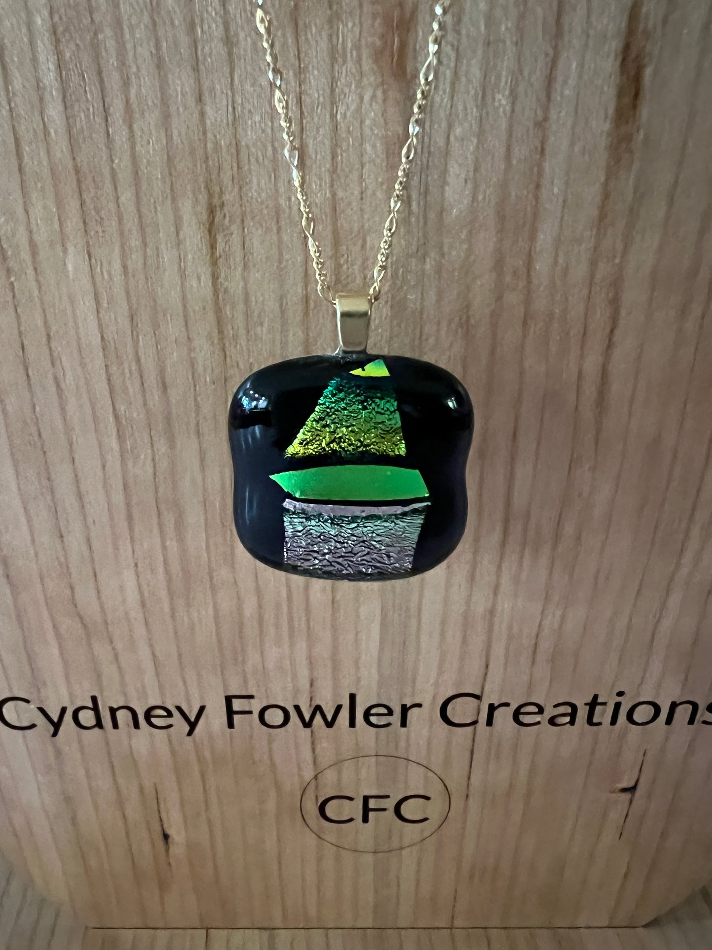 Fused Glass Pendant - green/pink dichroic on gold tone chain