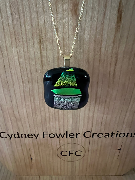 Fused Glass Pendant - green/pink dichroic on gold tone chain