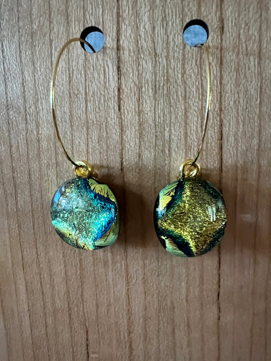 Fused Glass Earrings - Green/gold dichroic on gold tone wire hoops