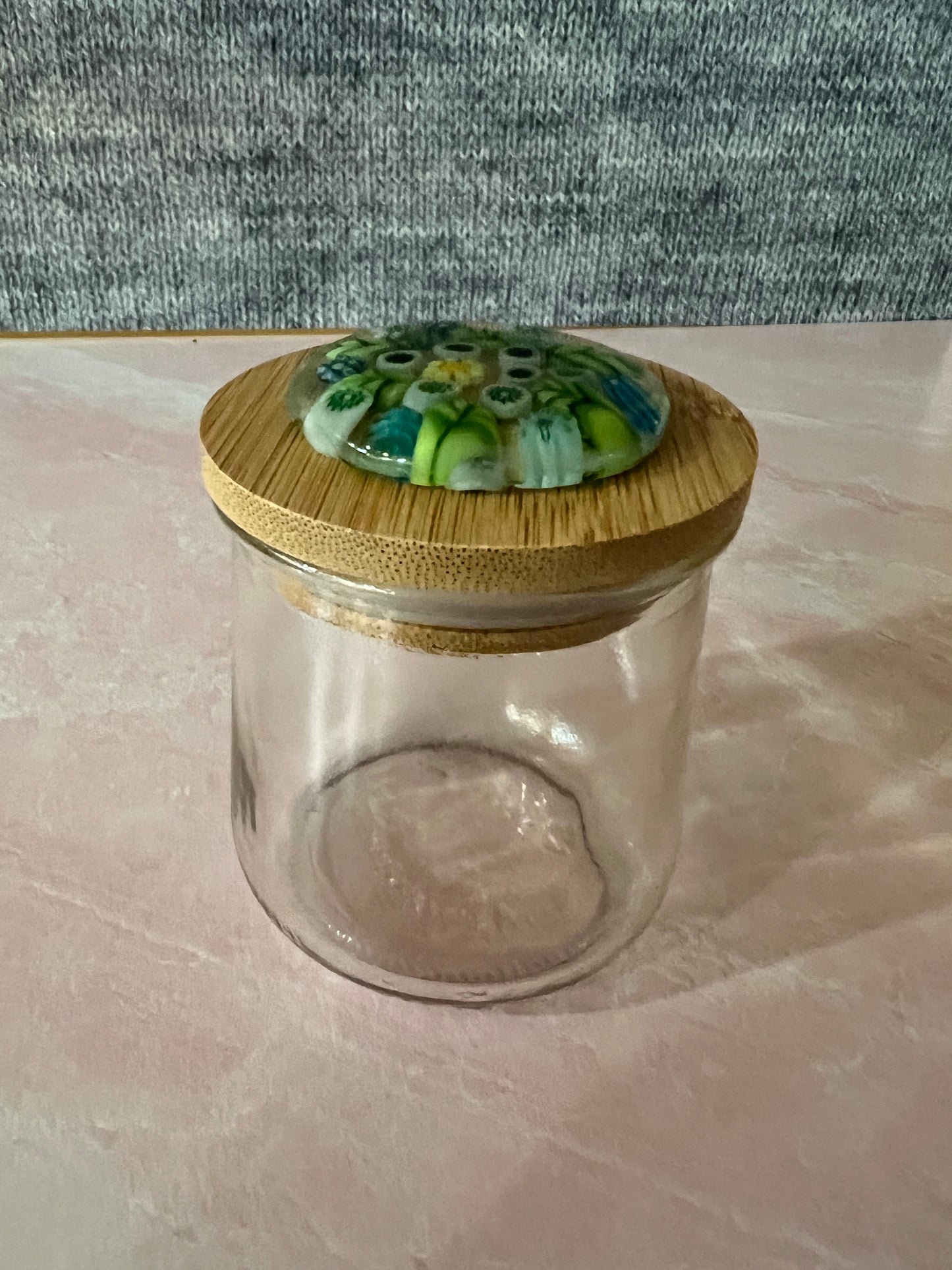 Upcycled Yogurt Jar with Glass Design on Natural Bamboo Wood Lid