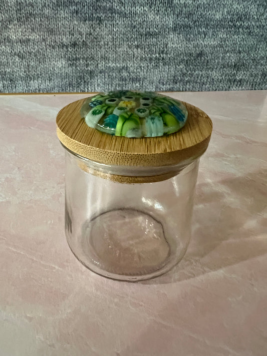 Upcycled Yogurt Jar with Glass Design on Natural Bamboo Wood Lid