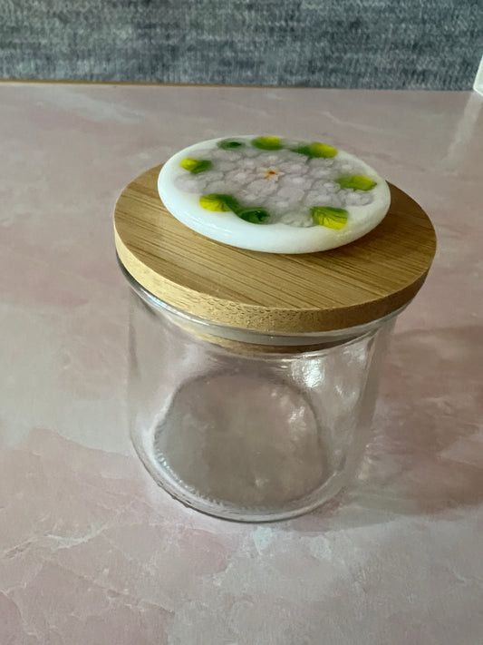 Upcycled Yogurt Jar with Glass Design on Natural Bamboo Wood Lid