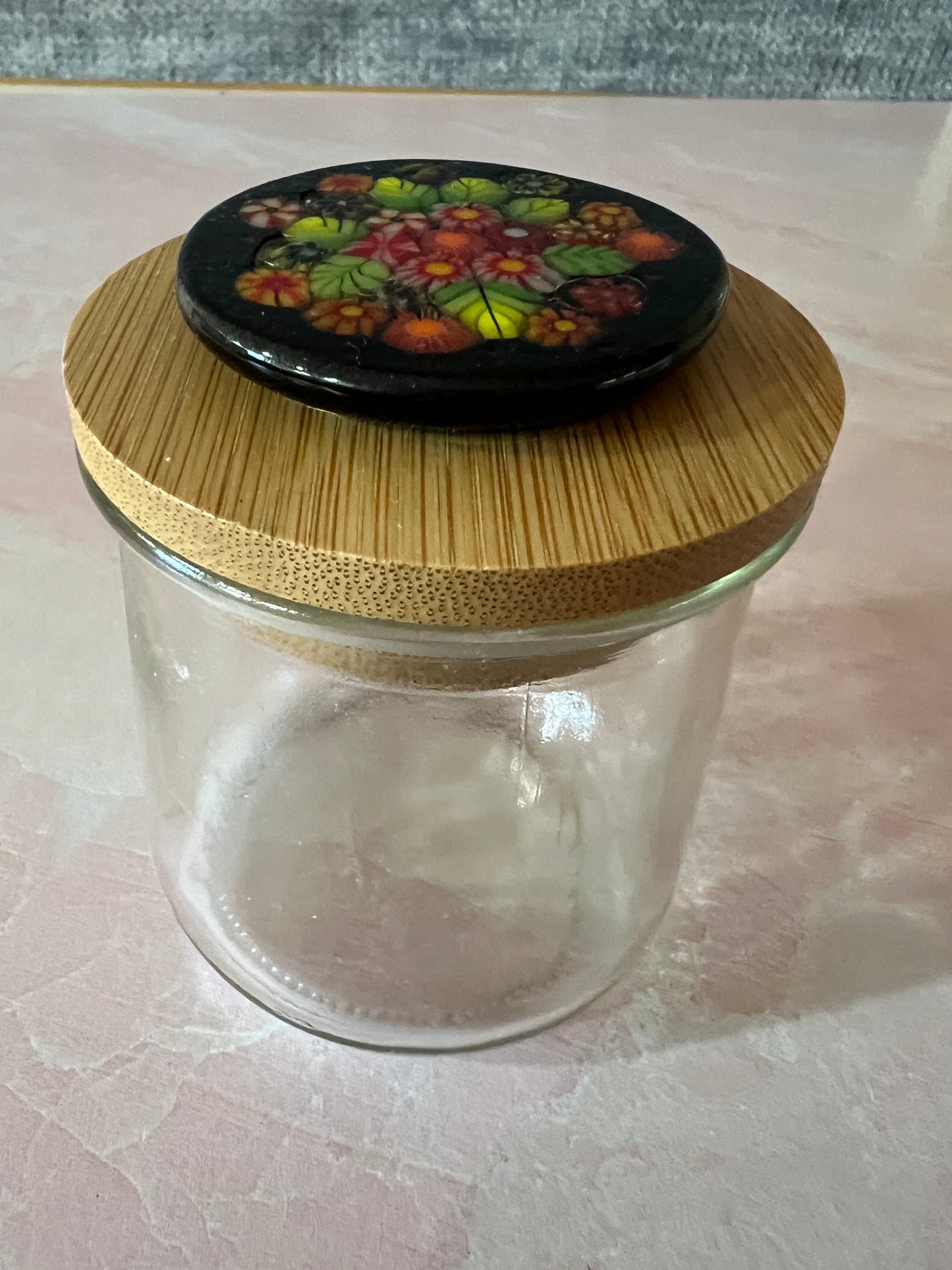 Upcycled Yogurt Jar with Glass Design on Natural Bamboo Wood Lid