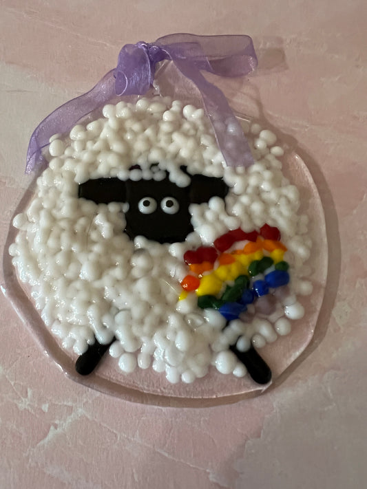 Fused Glass Sheep Ornament - rainbow decor and black face/legs