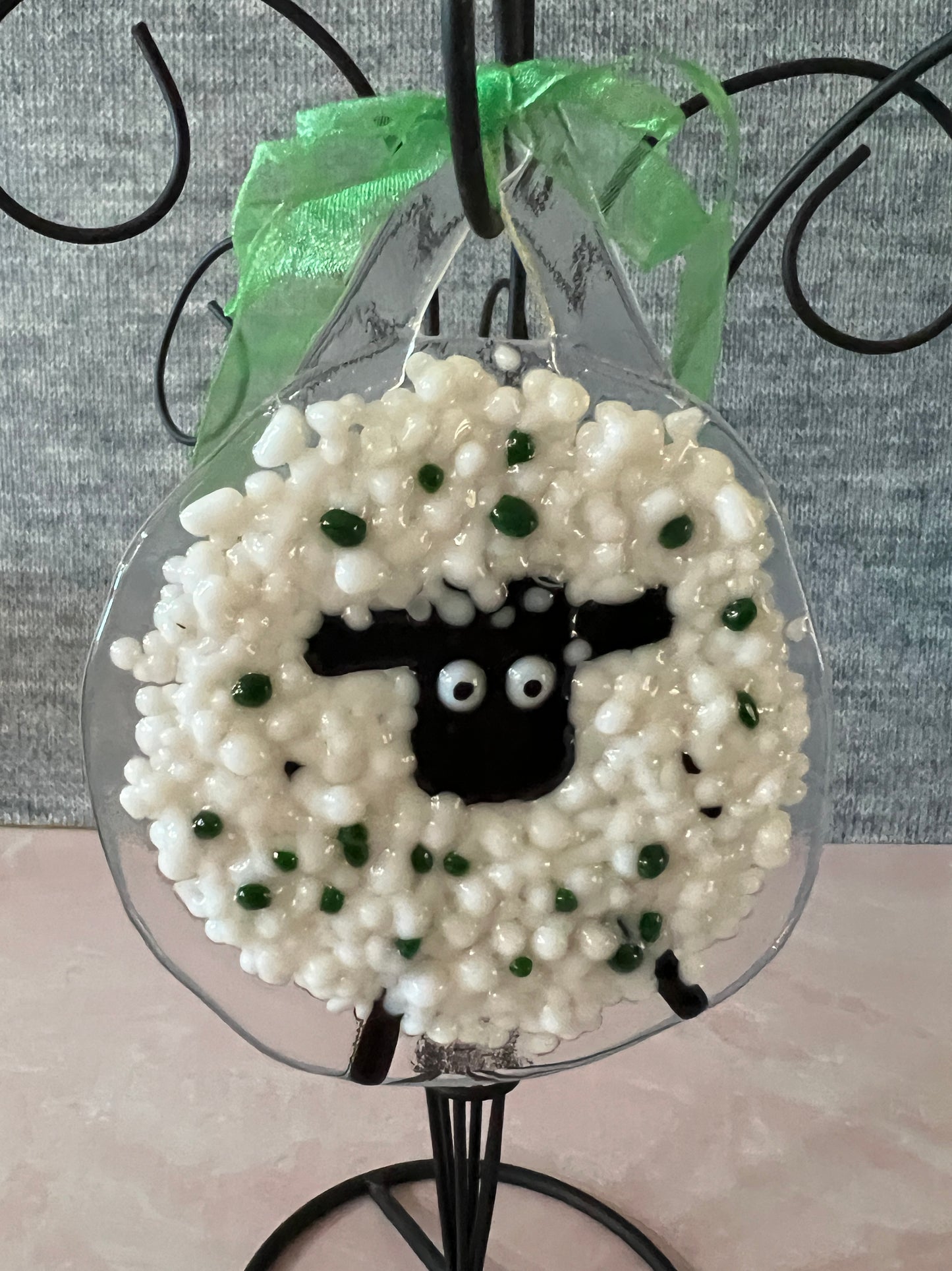 Fused Glass Sheep Ornament - Dark Green highlights black face