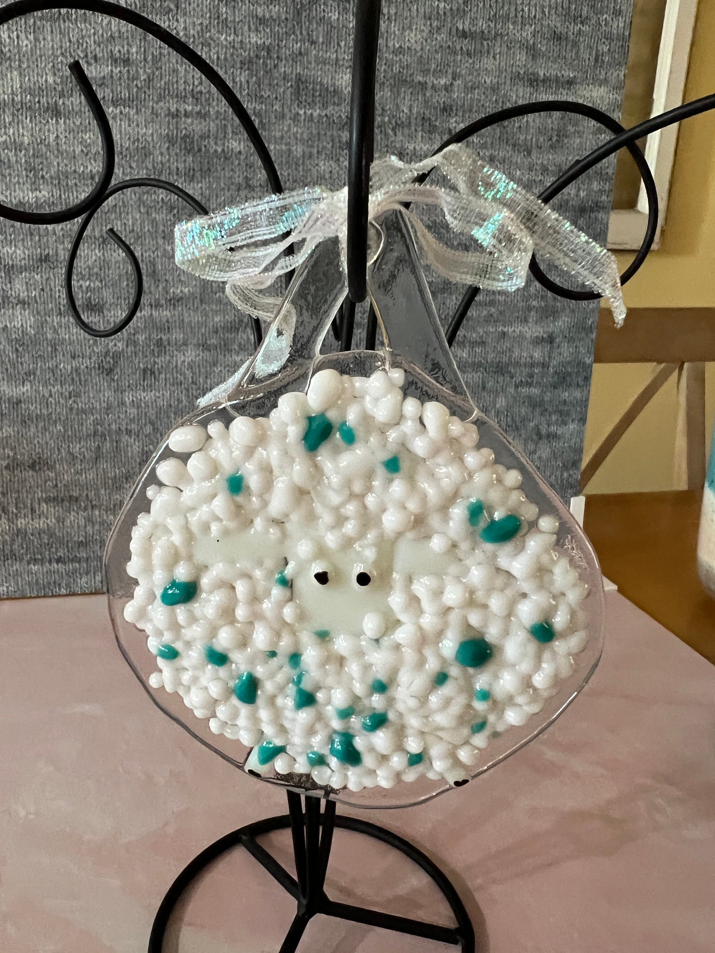 Fused Glass Sheep Ornament - Teal highlights