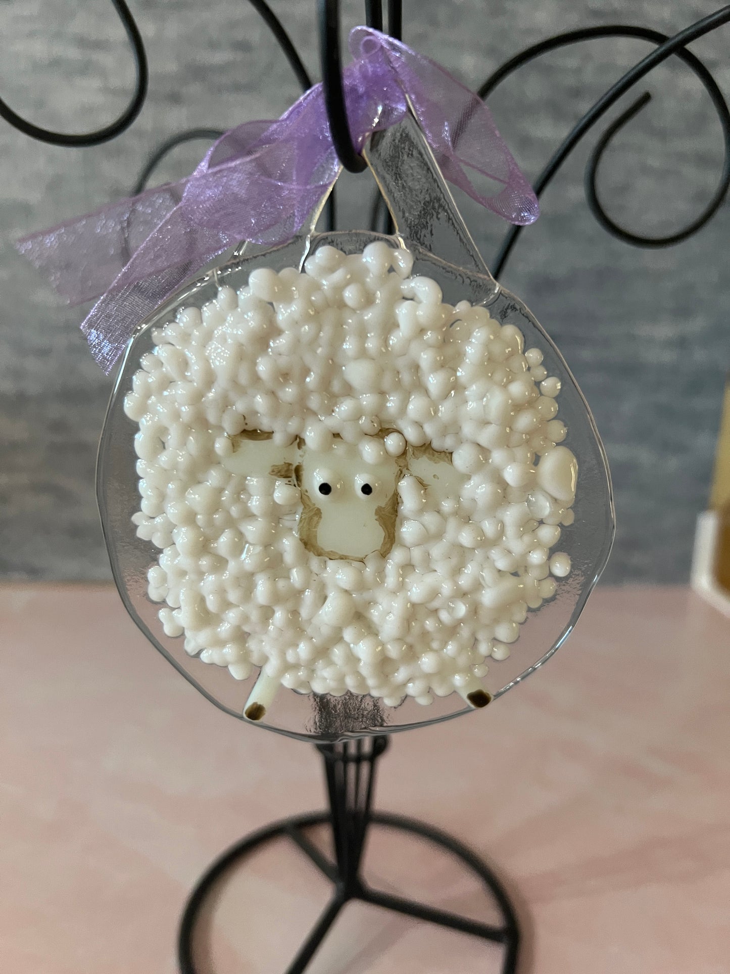 Fused Glass Sheep Ornament - all white with beige face outline