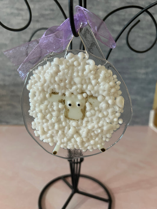 Fused Glass Sheep Ornament - all white with beige face outline