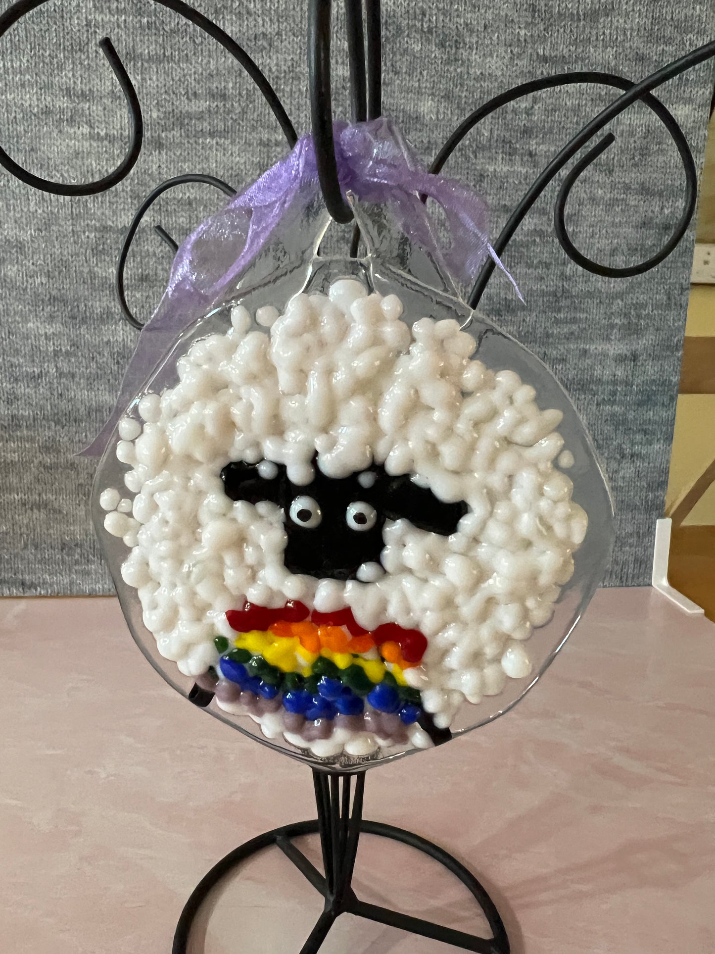 Fused Glass Sheep Ornament - Rainbow decor with black face