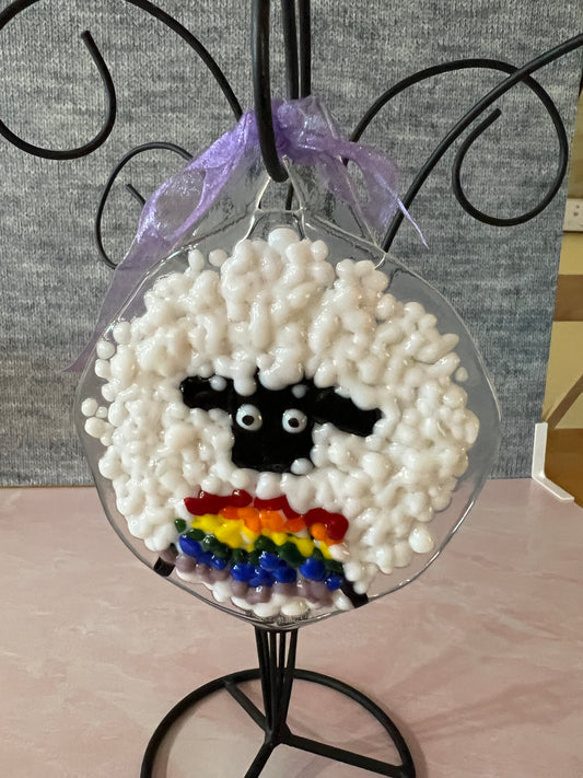 Fused Glass Sheep Ornament - Rainbow decor with black face