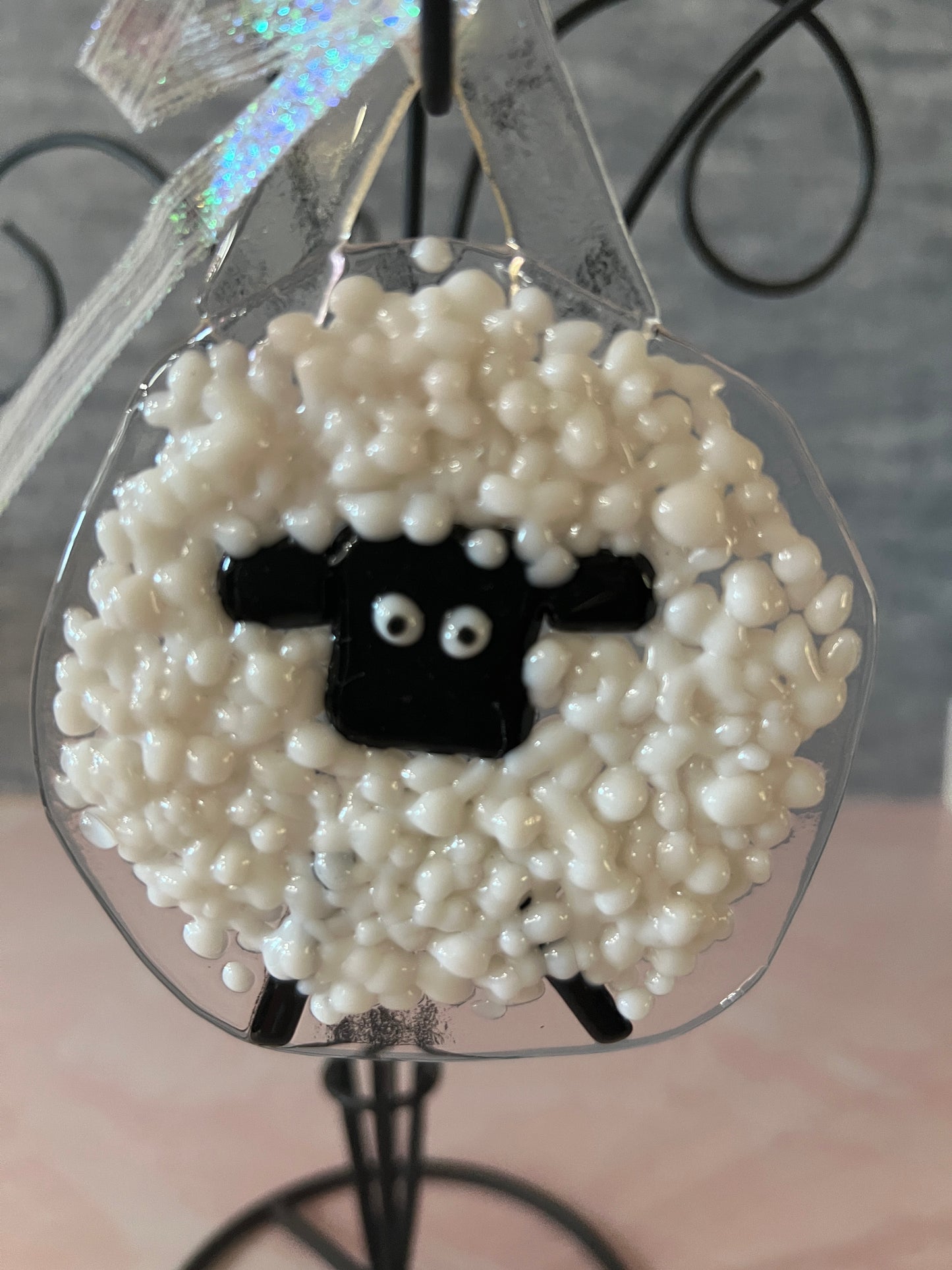 Fused Glass Sheep Ornament - black face and legs