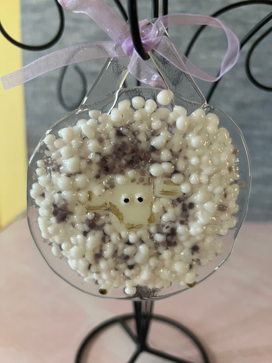 Fused Glass Sheep Ornament - lavender highlights white face