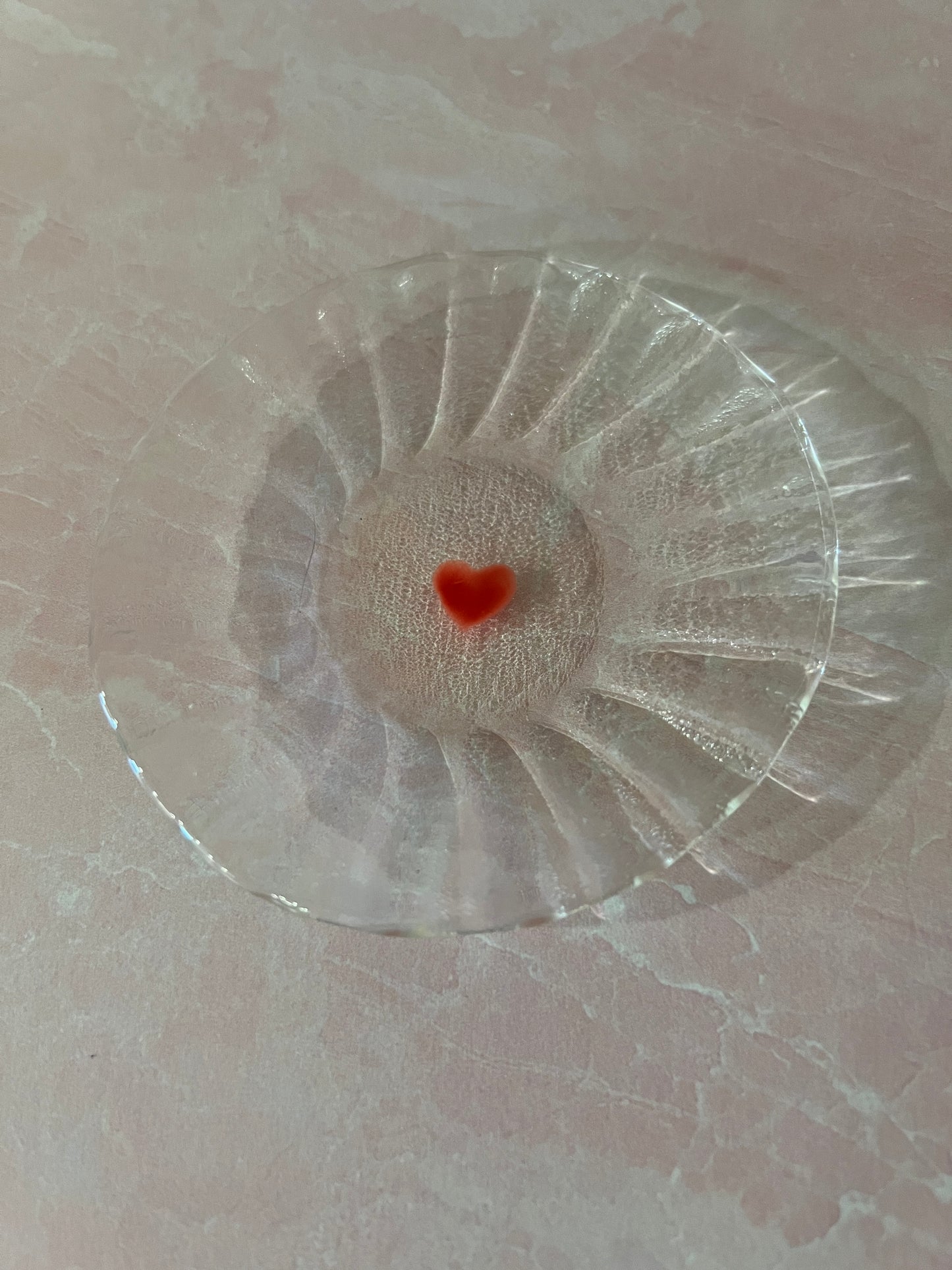 Fused Glass Trinket dish - small clear glass with fluted edge and small red heart 3 3/4" round