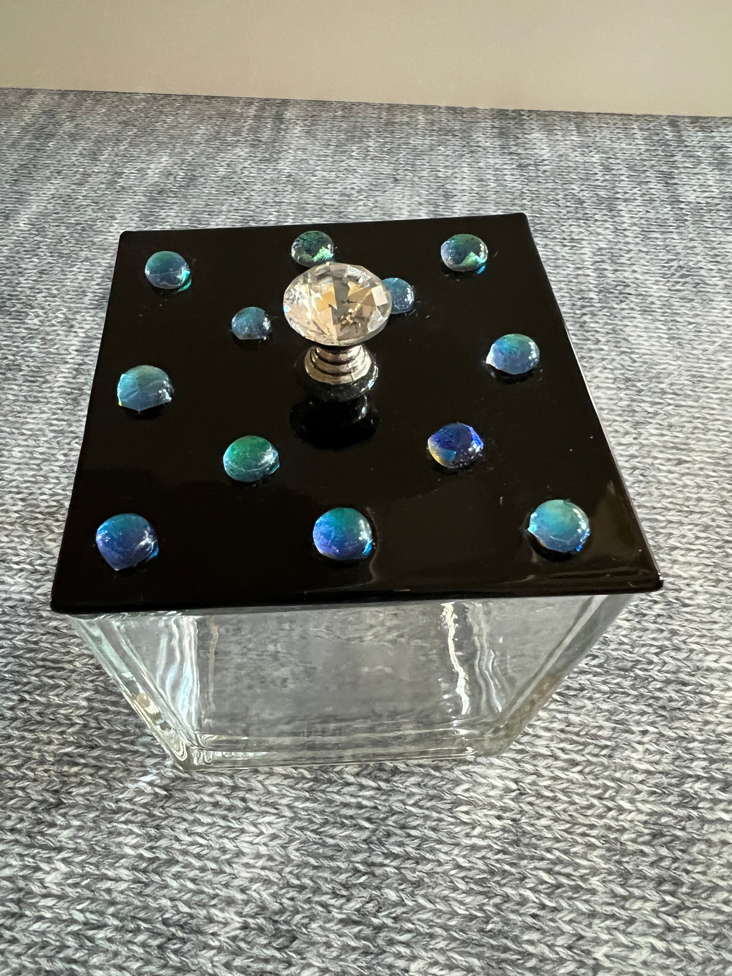 Fused Glass Lid for Vase - Black with blue green dichroic dots for 4 inch square vase