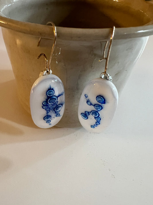 Fused Glass Earrings - White with blue bubble figures