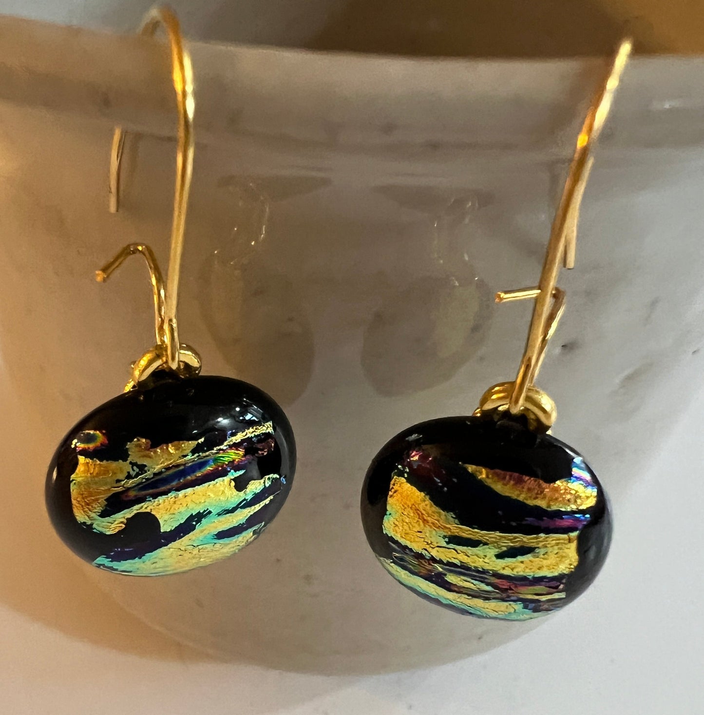 Fused Glass Earrings - gold dichroic on black glass base