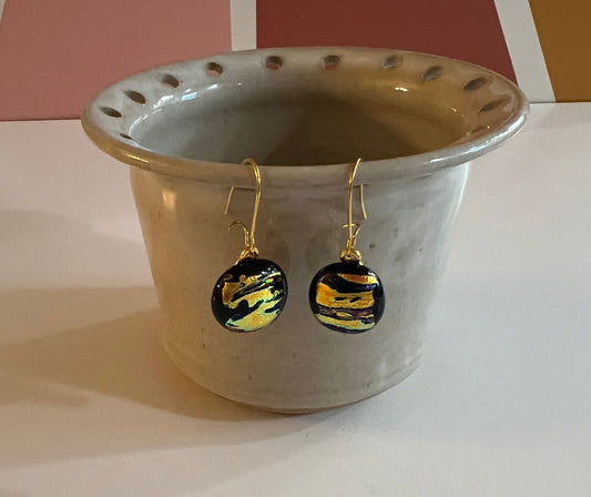 Fused Glass Earrings - gold dichroic on black glass base